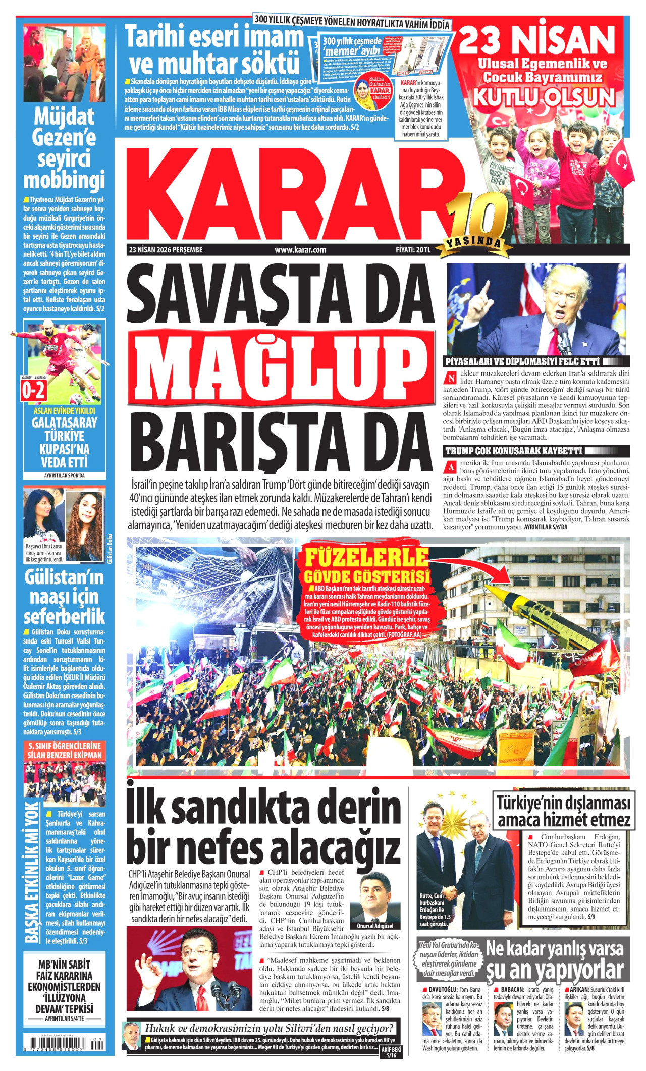 KARAR gazetesinin 23 Nisan 2026 tarihli birinci sayfası