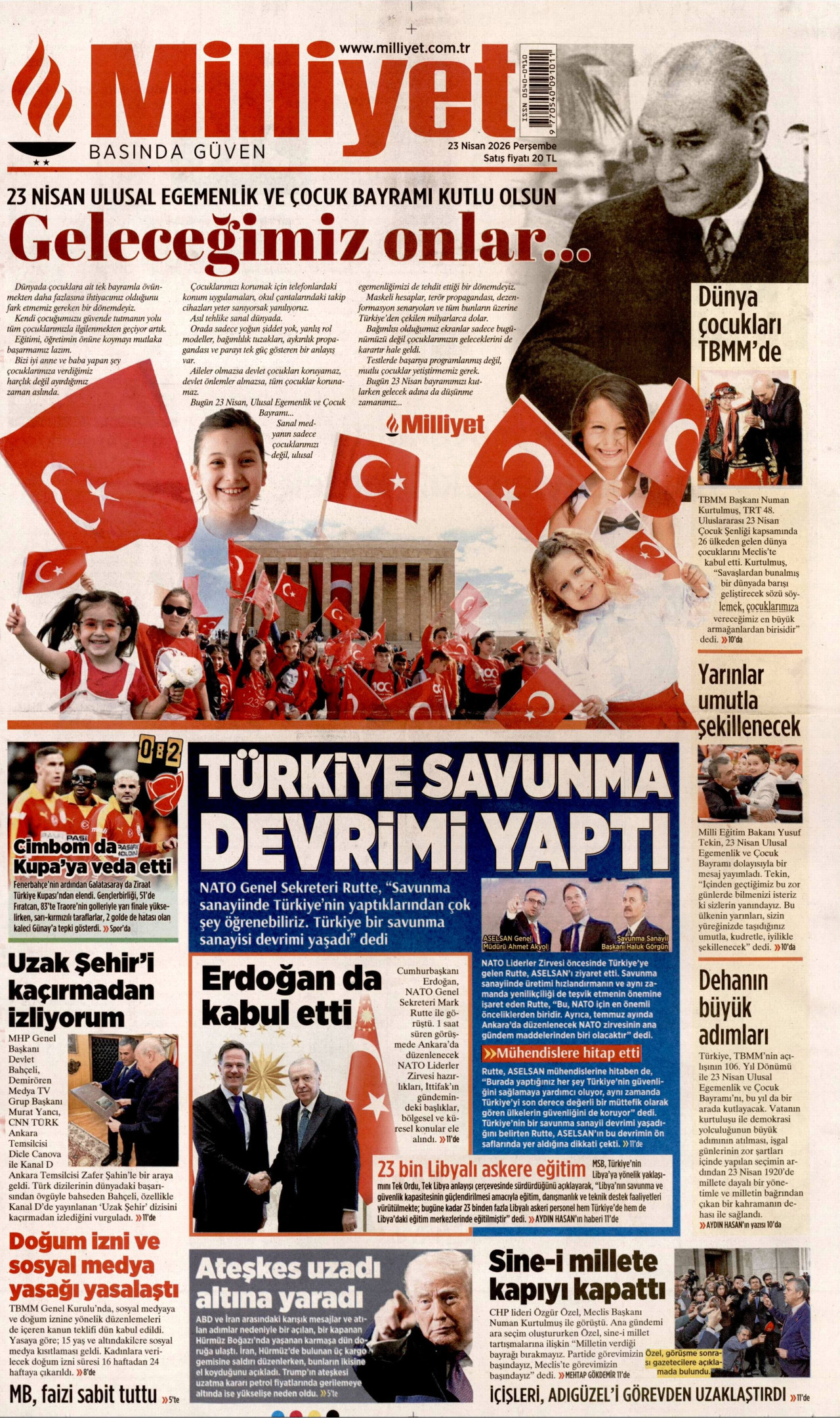 MİLLİYET gazetesinin 23 Nisan 2026 tarihli birinci sayfası