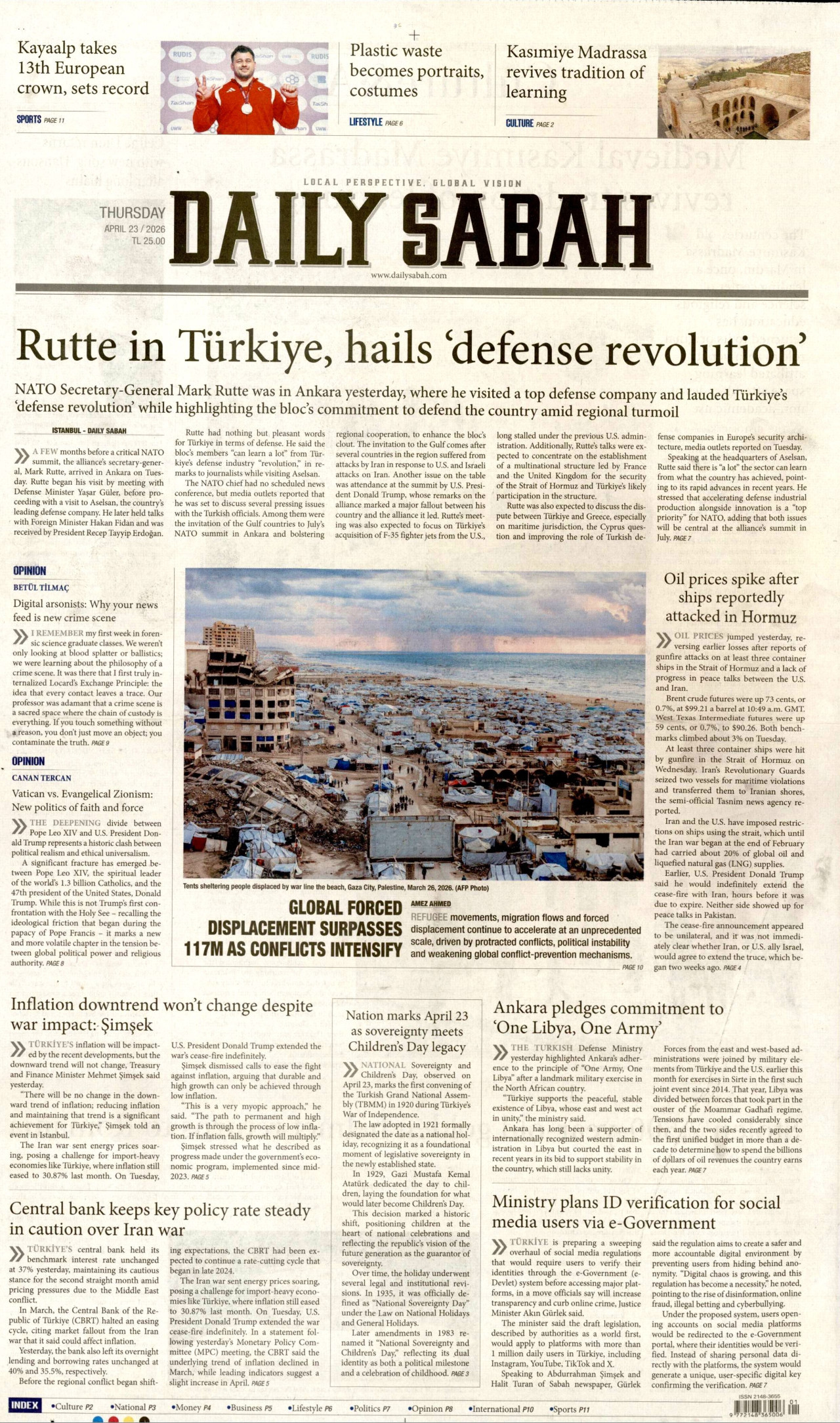 DAİLY SABAH gazetesinin 23 Nisan 2026 tarihli birinci sayfası