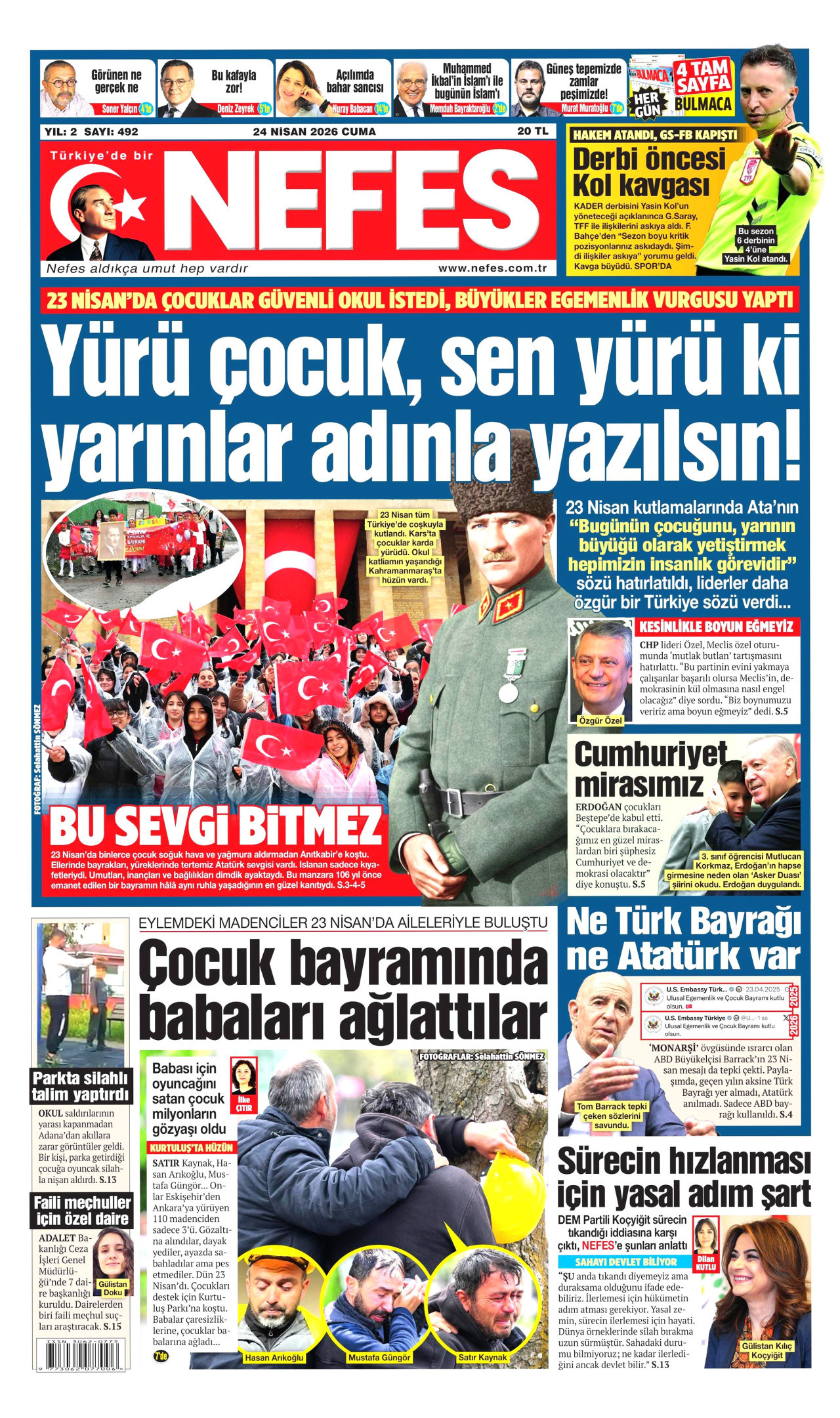 NEFES gazetesinin 24 Nisan 2026 tarihli birinci sayfası