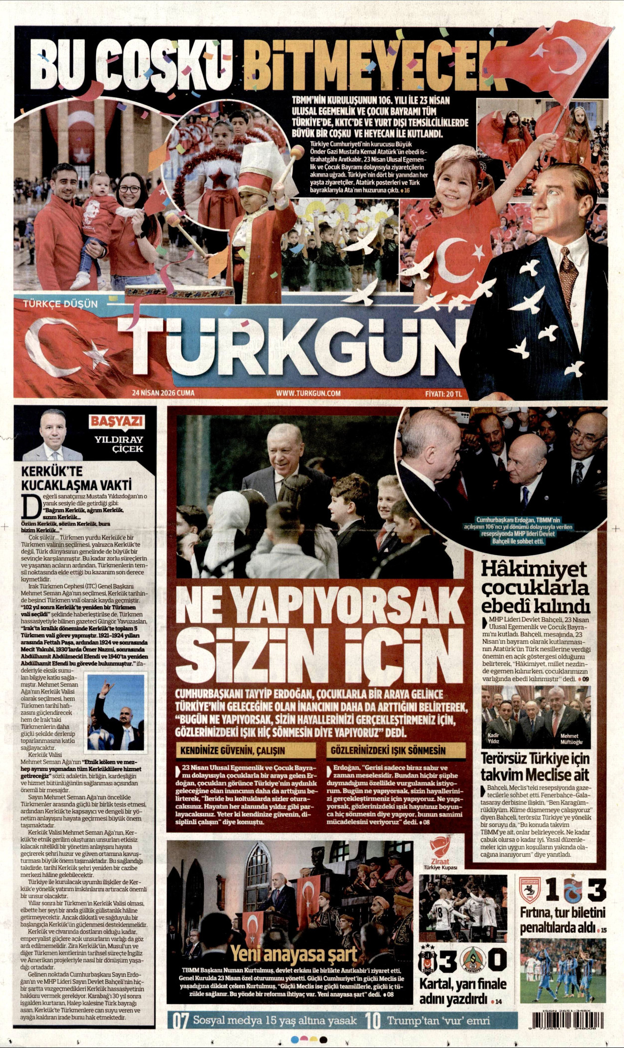 TÜRKGÜN gazetesinin 24 Nisan 2026 tarihli birinci sayfası
