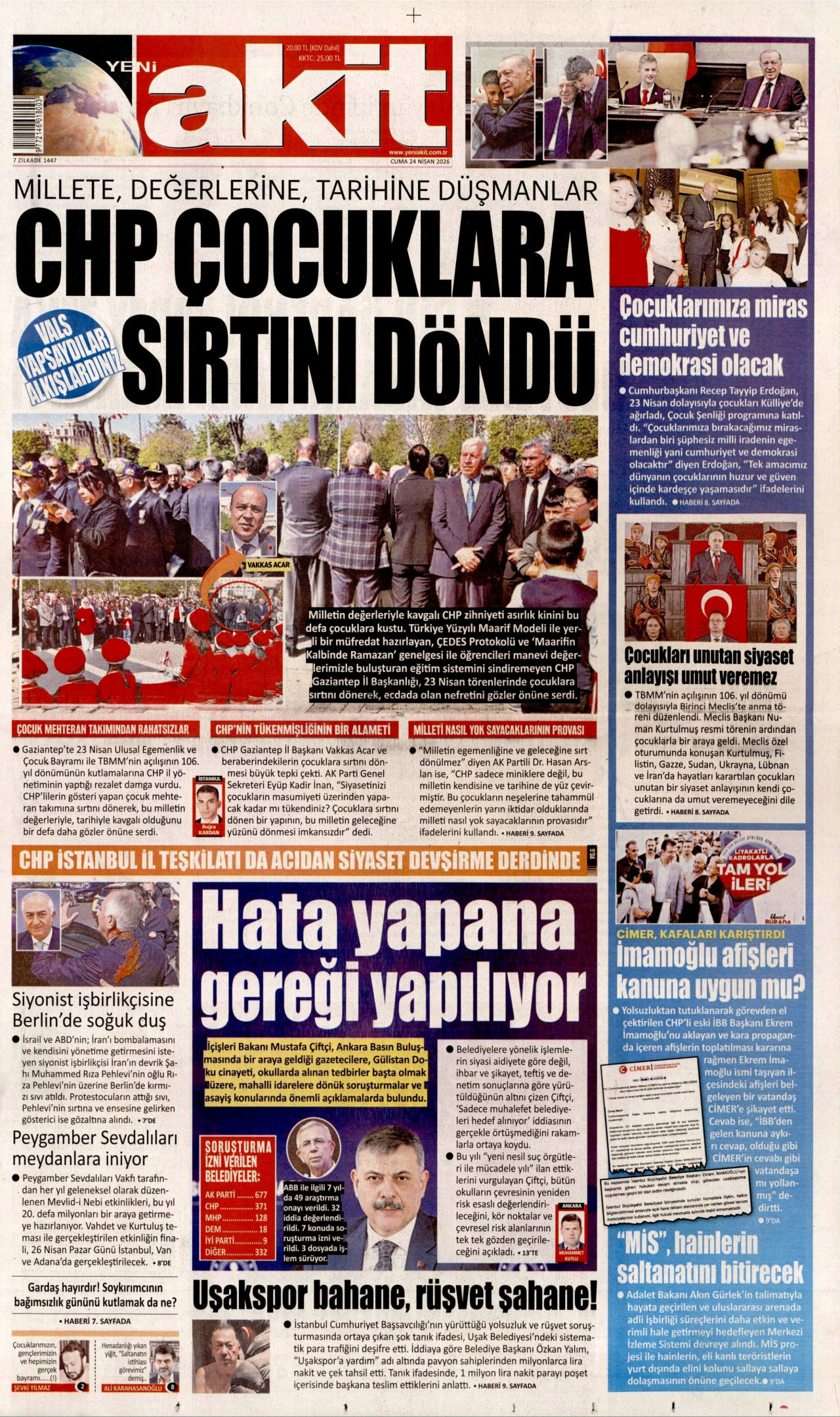 YENİ AKİT gazetesinin 24 Nisan 2026 tarihli birinci sayfası