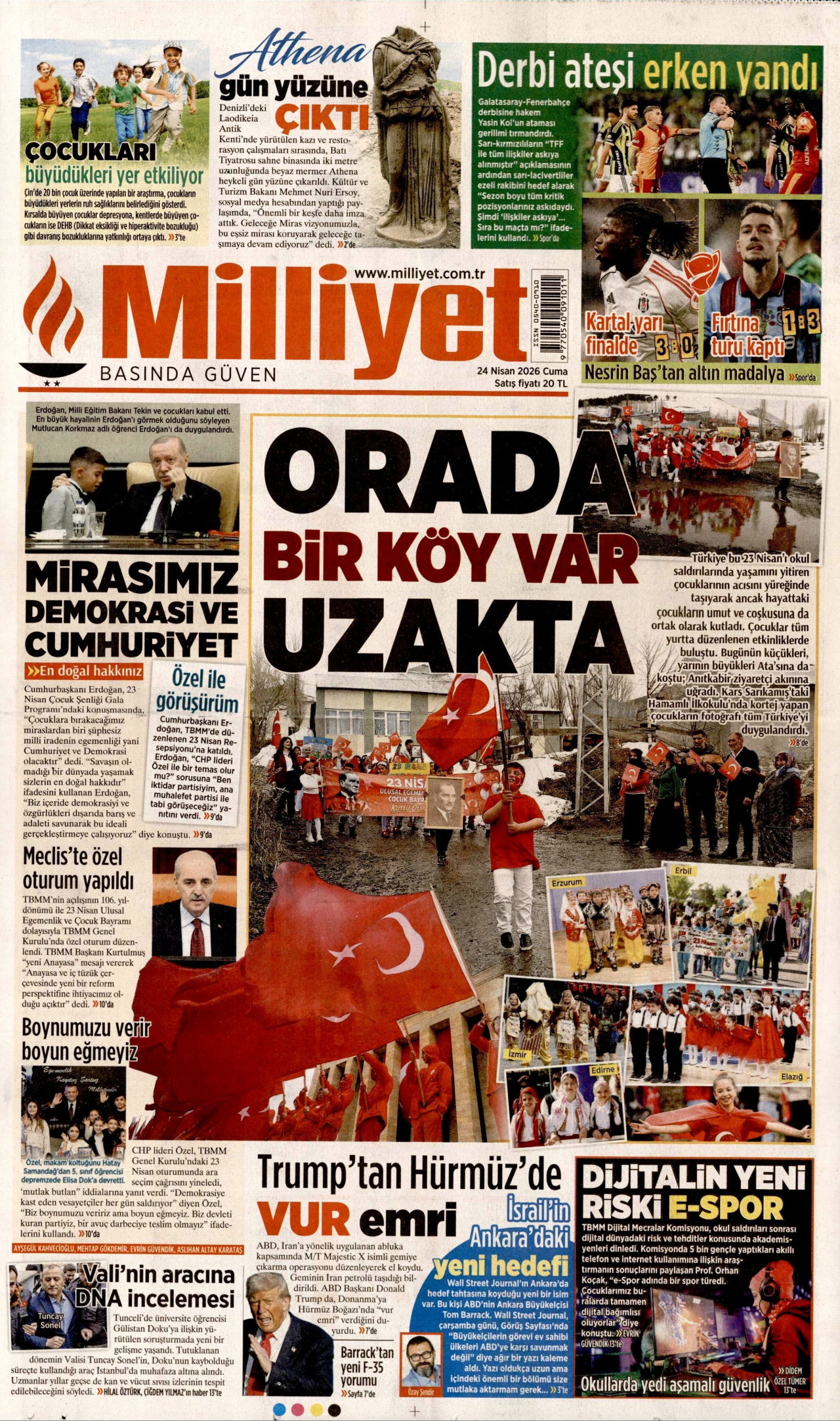 MİLLİYET gazetesinin 24 Nisan 2026 tarihli birinci sayfası