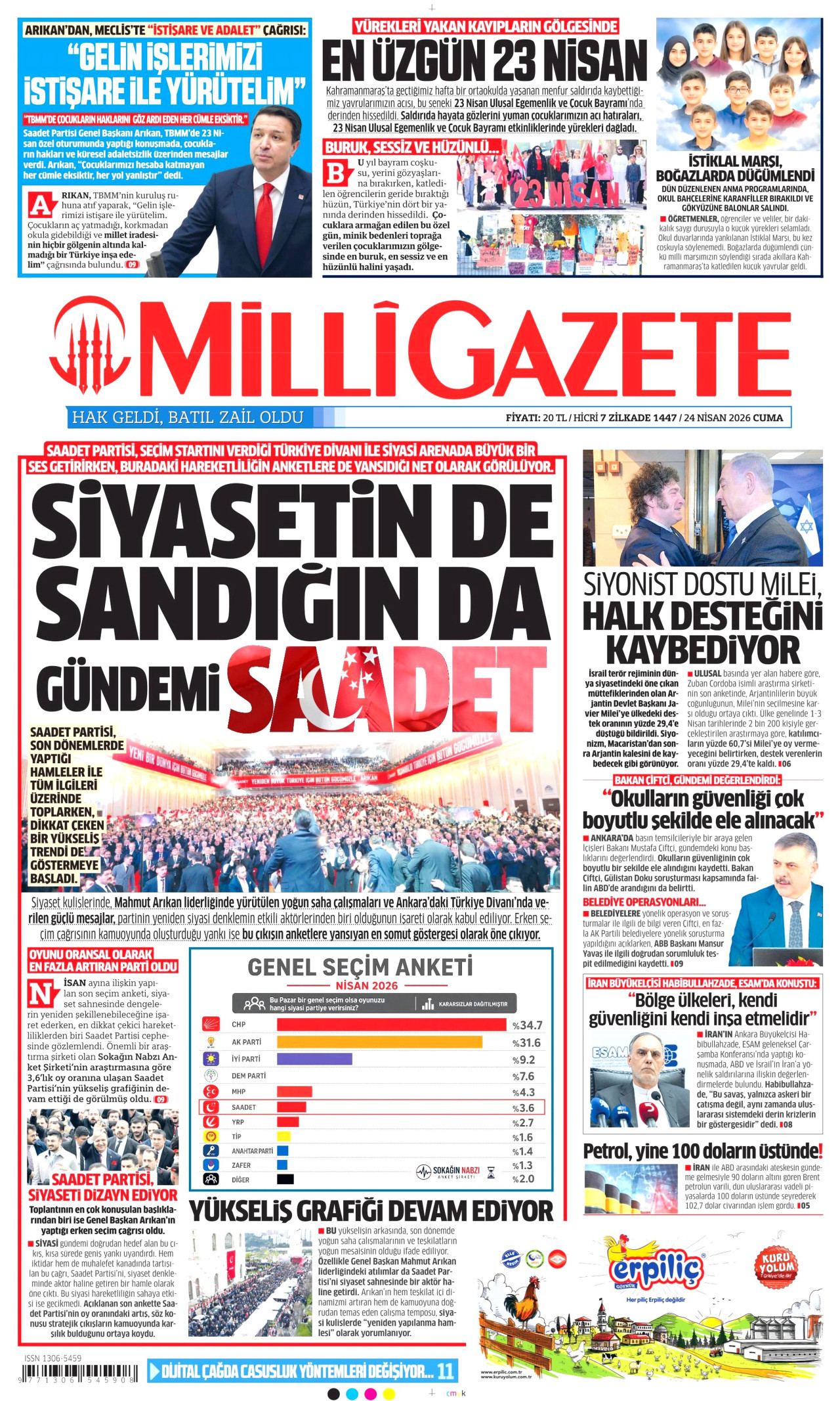 MİLLİ GAZETE gazetesinin 24 Nisan 2026 tarihli birinci sayfası