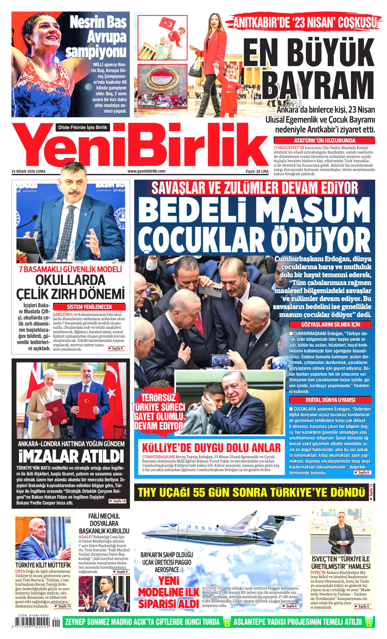 YENİBİRLİK gazetesinin 24 Nisan 2026 tarihli birinci sayfası