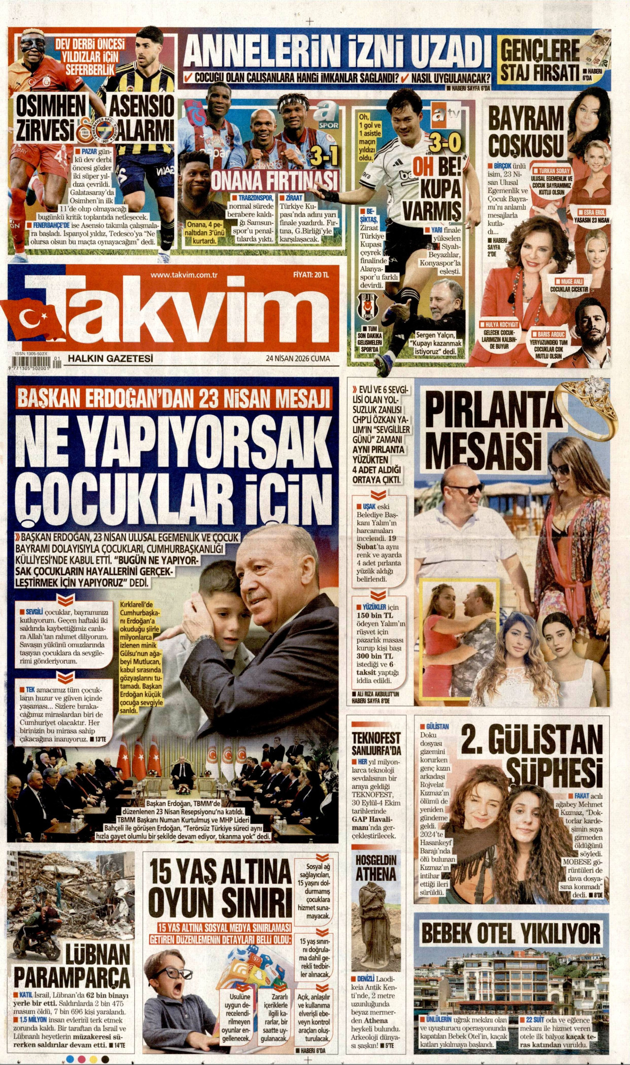 TAKVİM gazetesinin 24 Nisan 2026 tarihli birinci sayfası