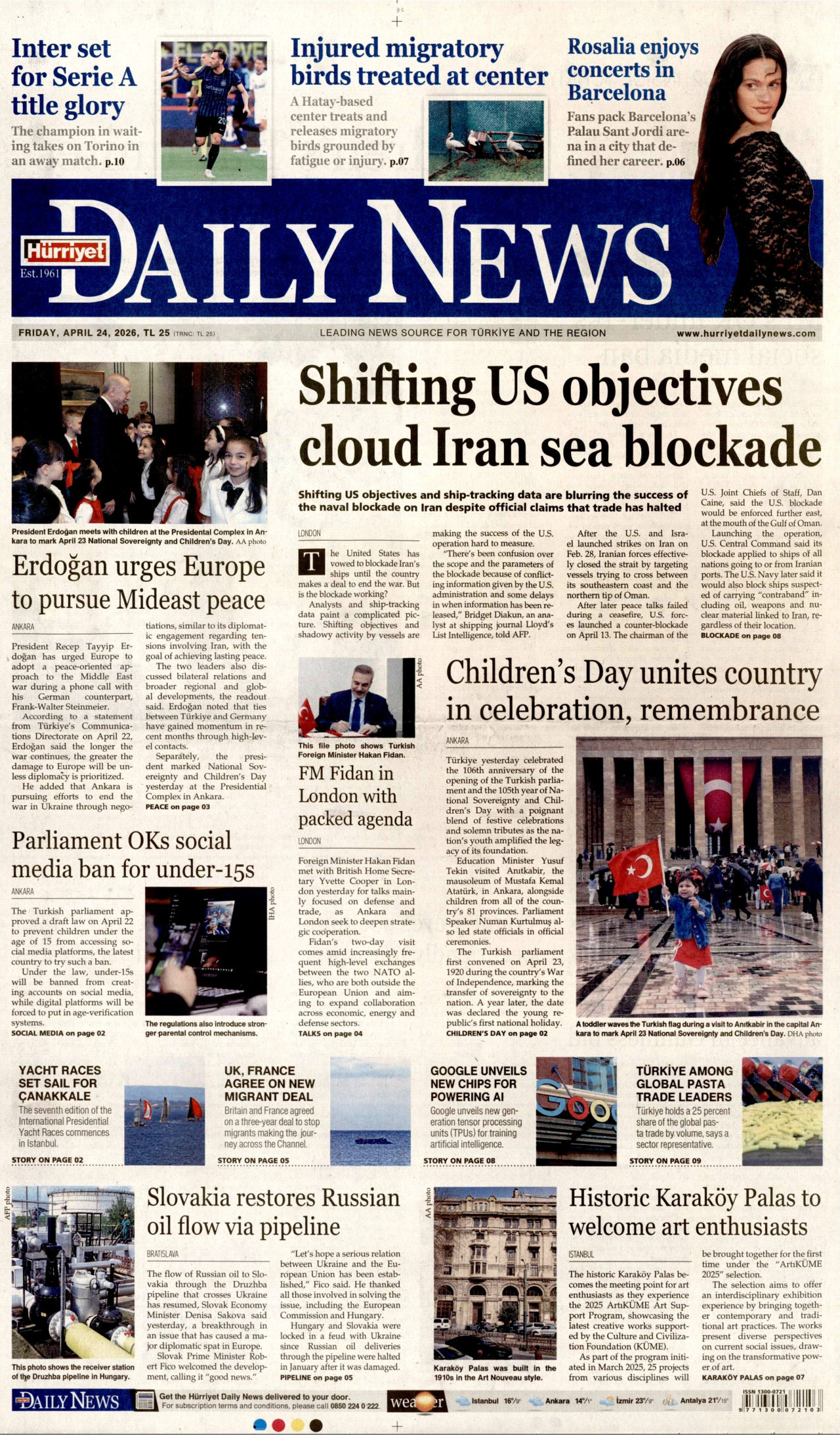 HÜRRİYET DAİLY NEWS gazetesinin 24 Nisan 2026 tarihli birinci sayfası