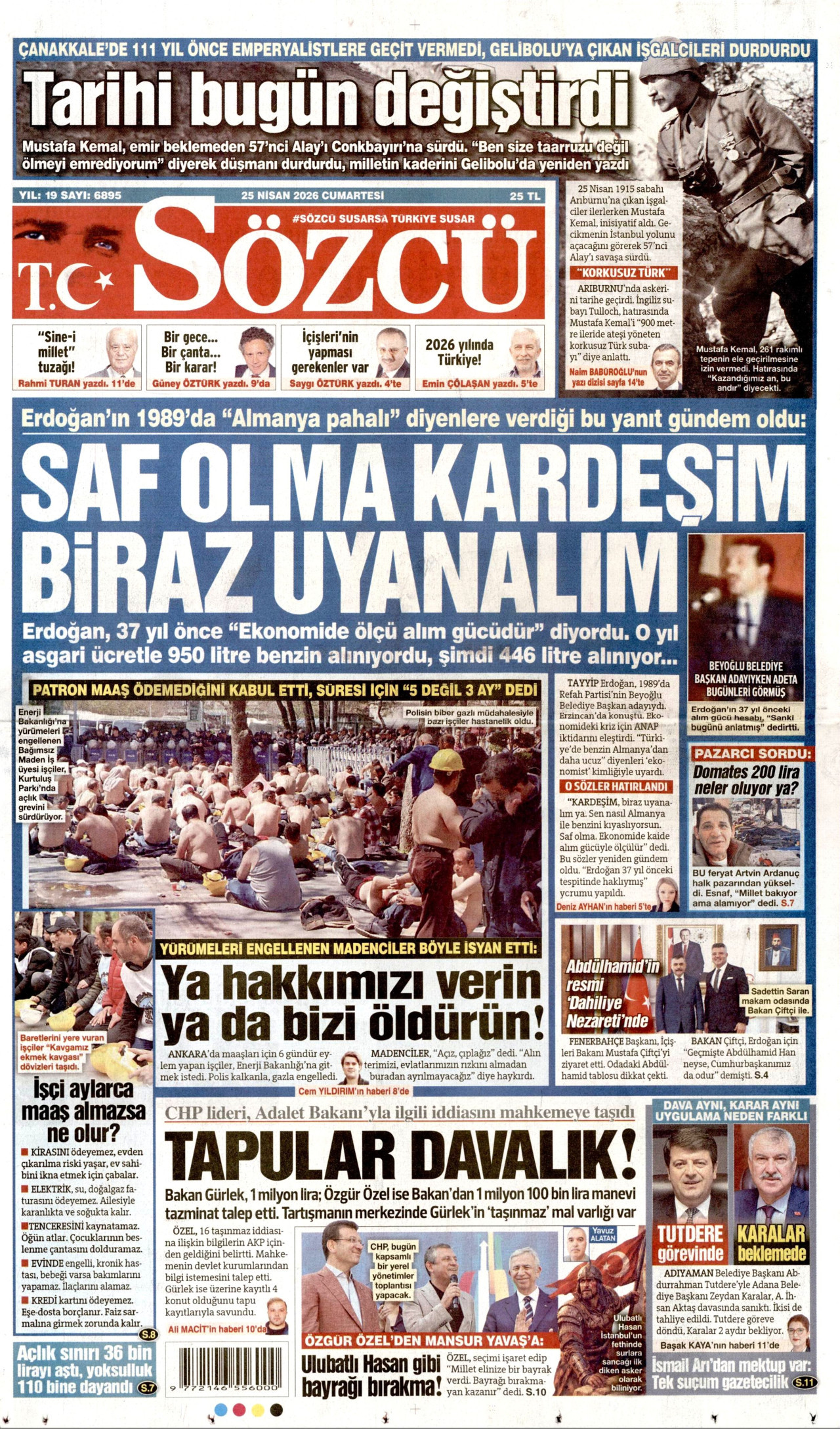 SÖZCÜ gazetesinin 25 Nisan 2026 tarihli birinci sayfası