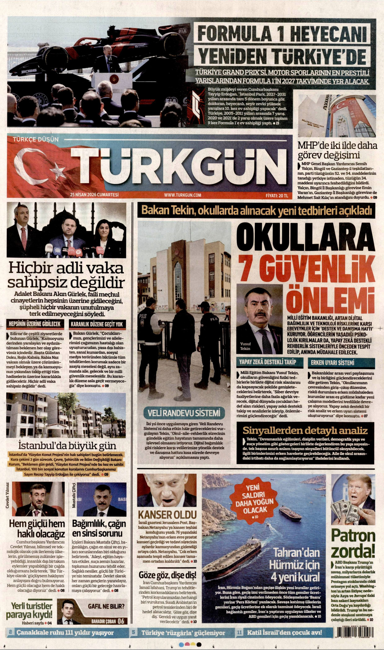TÜRKGÜN gazetesinin 25 Nisan 2026 tarihli birinci sayfası
