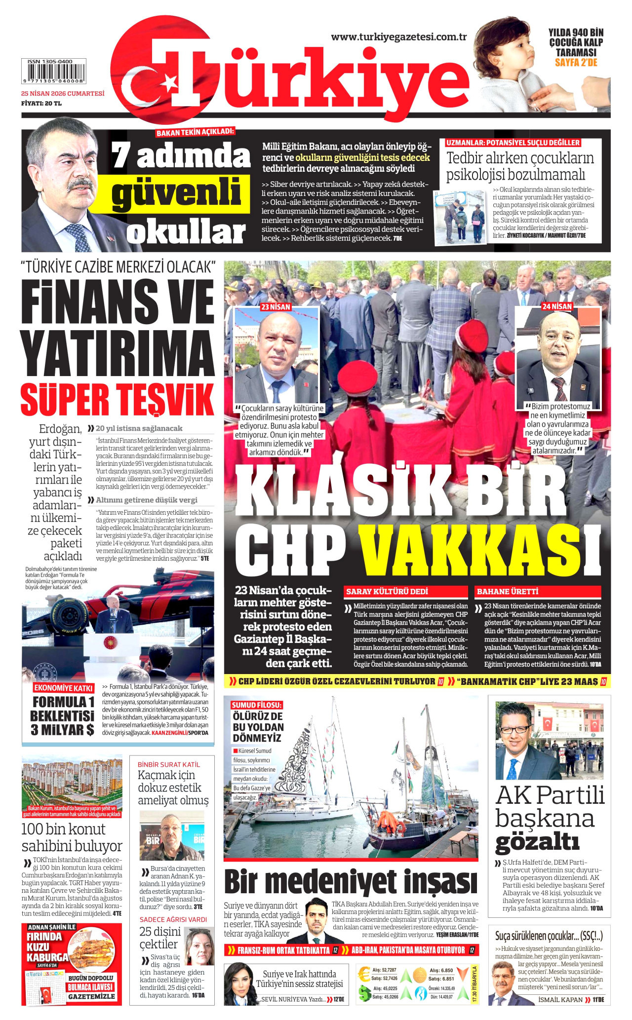 TÜRKİYE GAZETESİ gazetesinin 25 Nisan 2026 tarihli birinci sayfası