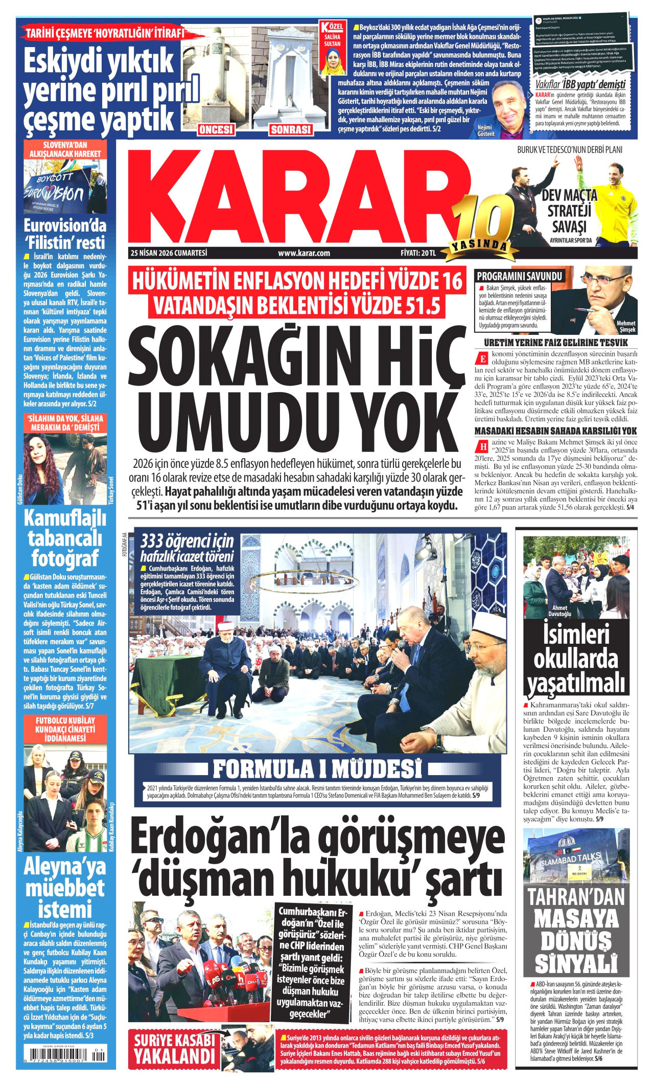 KARAR gazetesinin 25 Nisan 2026 tarihli birinci sayfası