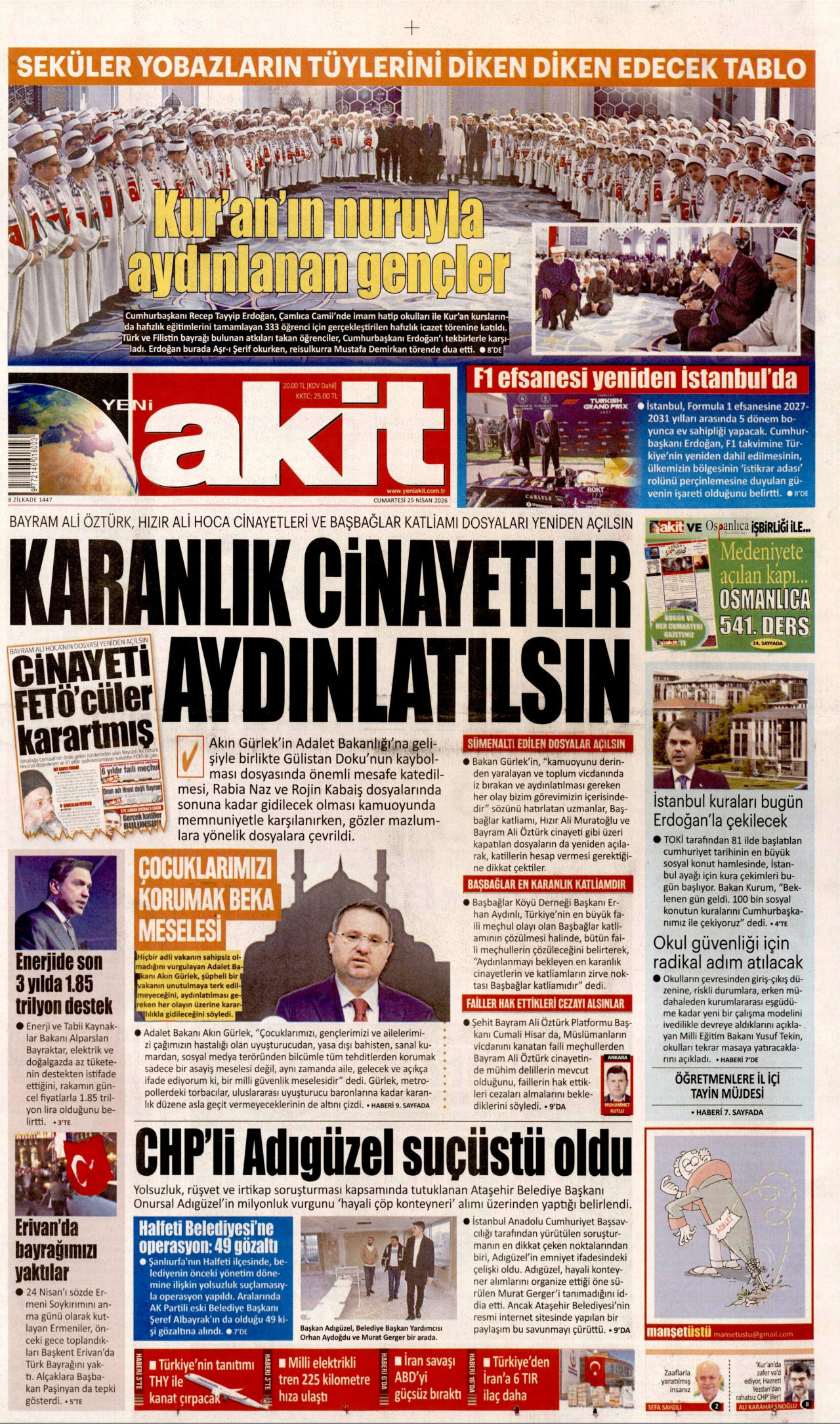 YENİ AKİT gazetesinin 25 Nisan 2026 tarihli birinci sayfası