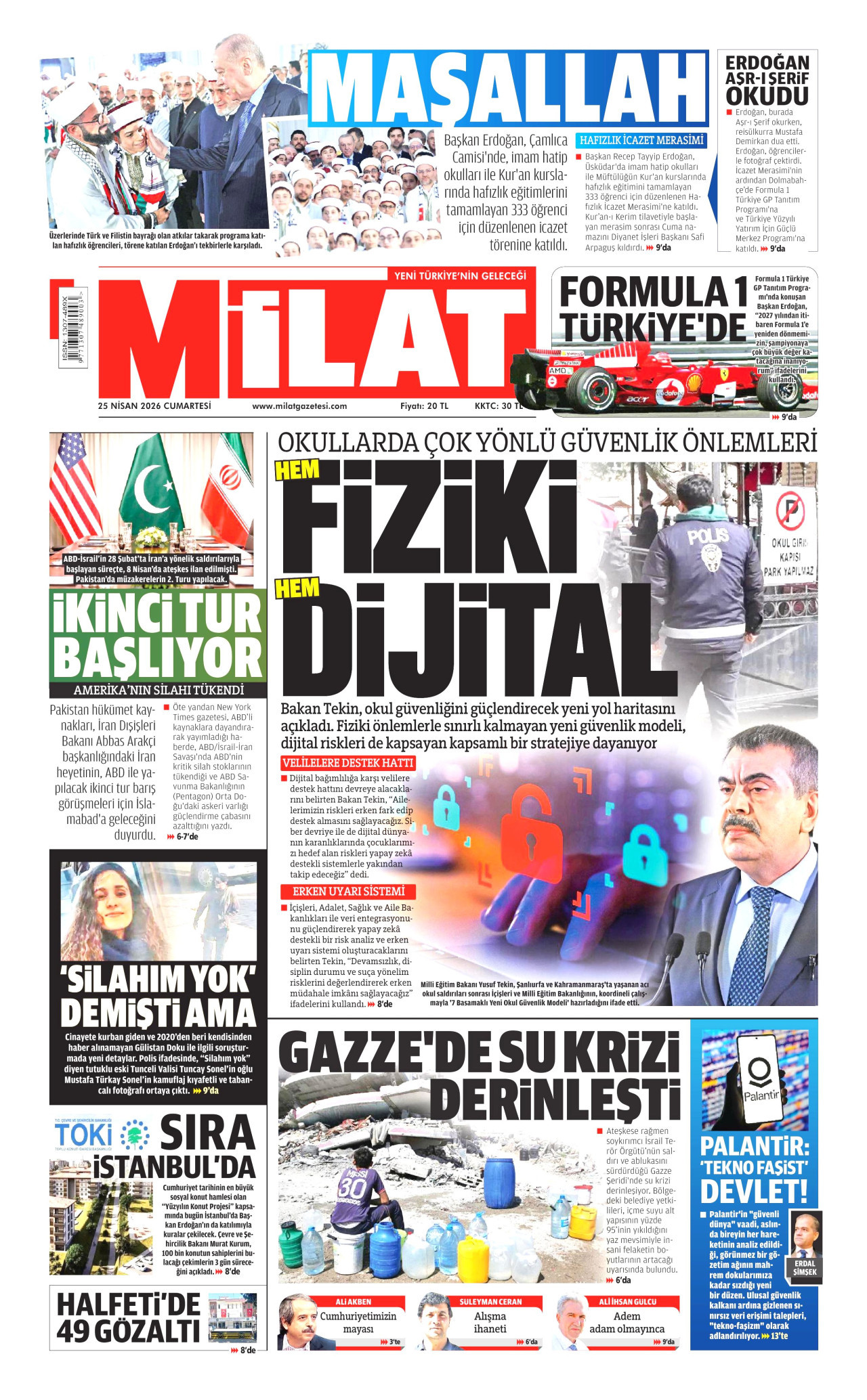 MİLAT gazetesinin 25 Nisan 2026 tarihli birinci sayfası