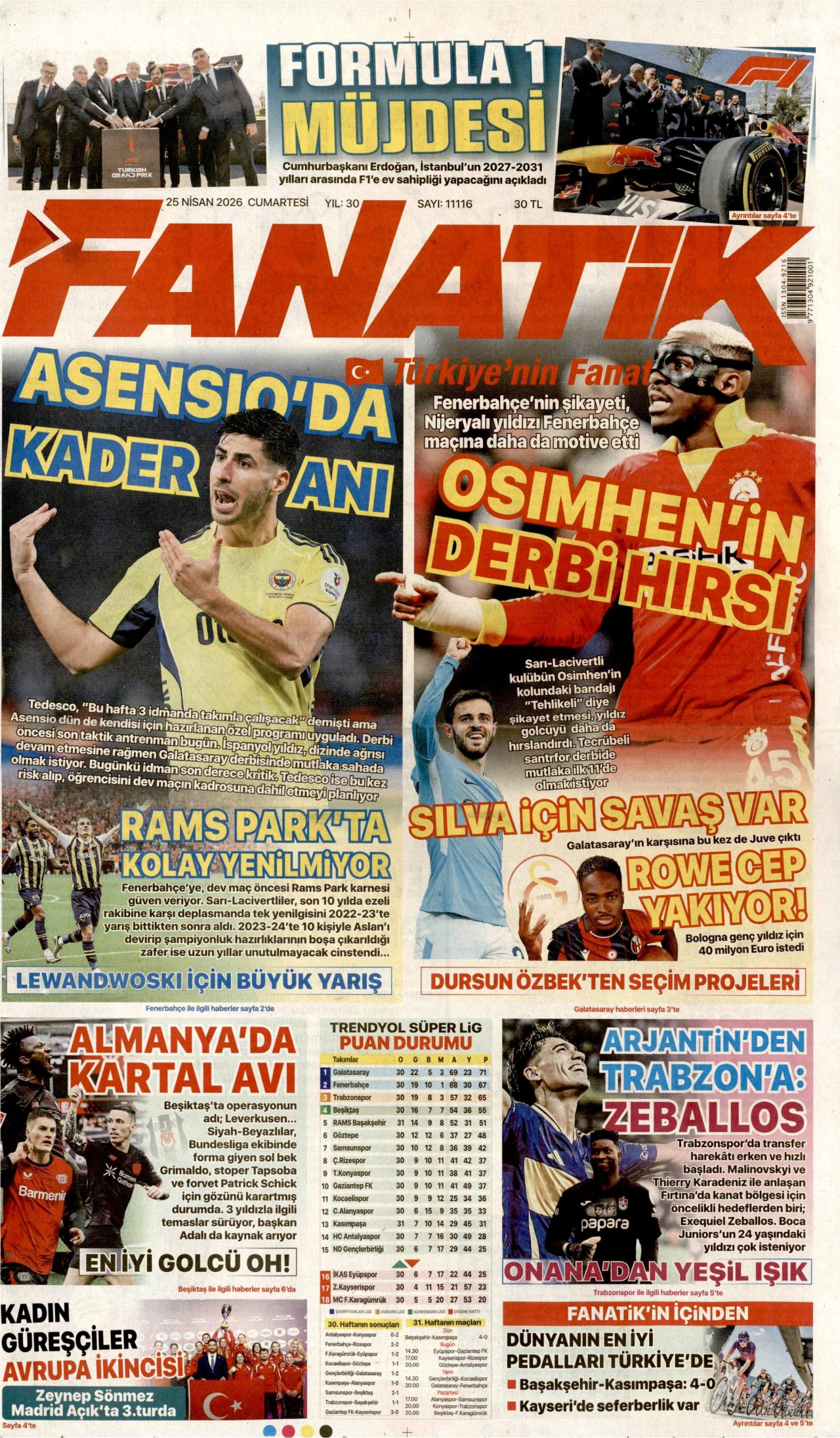 FANATİK gazetesinin 25 Nisan 2026 tarihli birinci sayfası