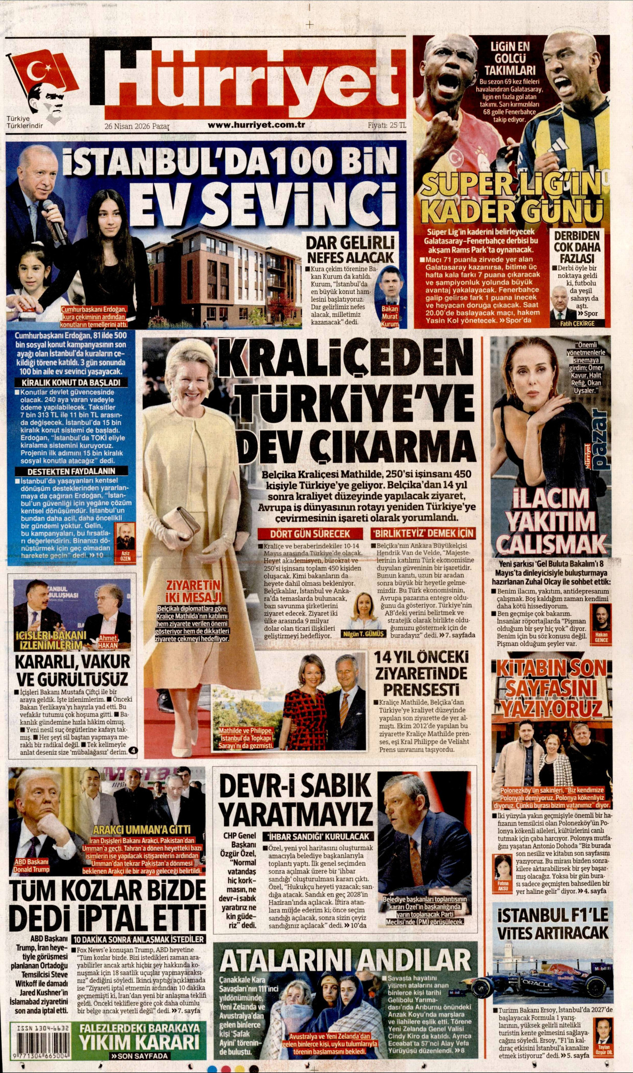 HÜRRİYET gazetesinin 26 Nisan 2026 tarihli birinci sayfası