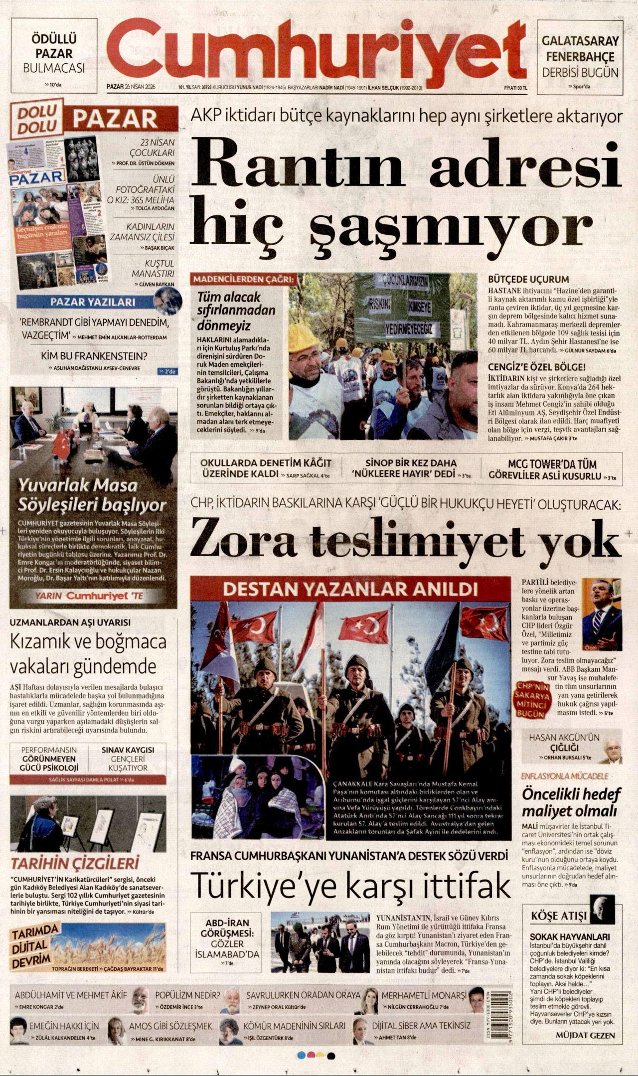 CUMHURİYET gazetesinin 26 Nisan 2026 tarihli birinci sayfası