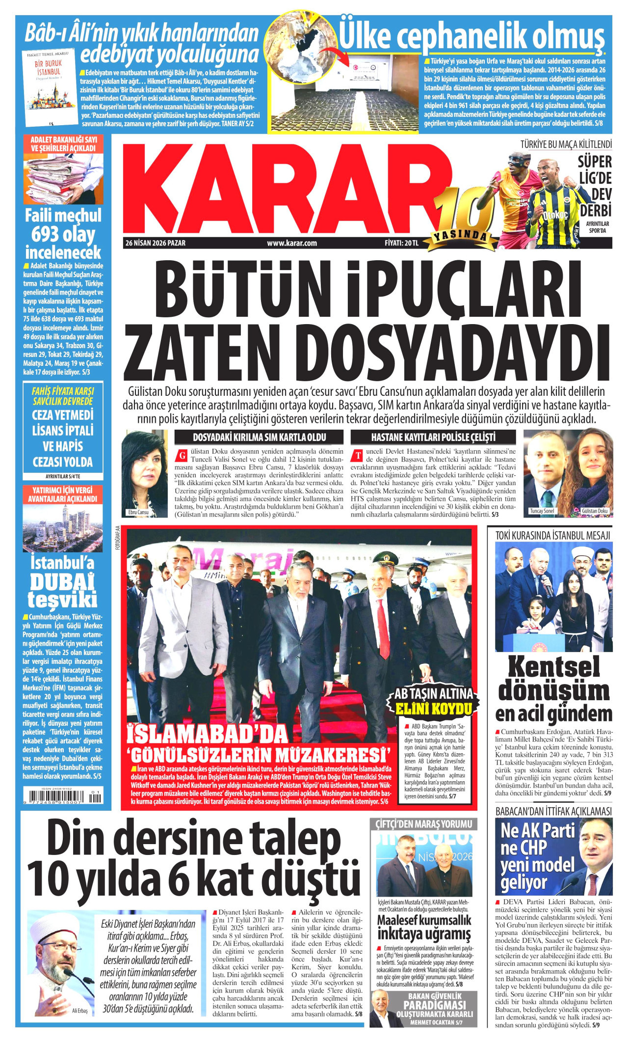 KARAR gazetesinin 26 Nisan 2026 tarihli birinci sayfası