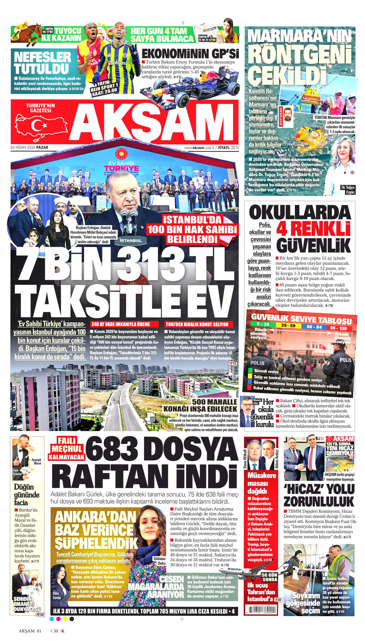 AKŞAM gazetesinin 26 Nisan 2026 tarihli birinci sayfası
