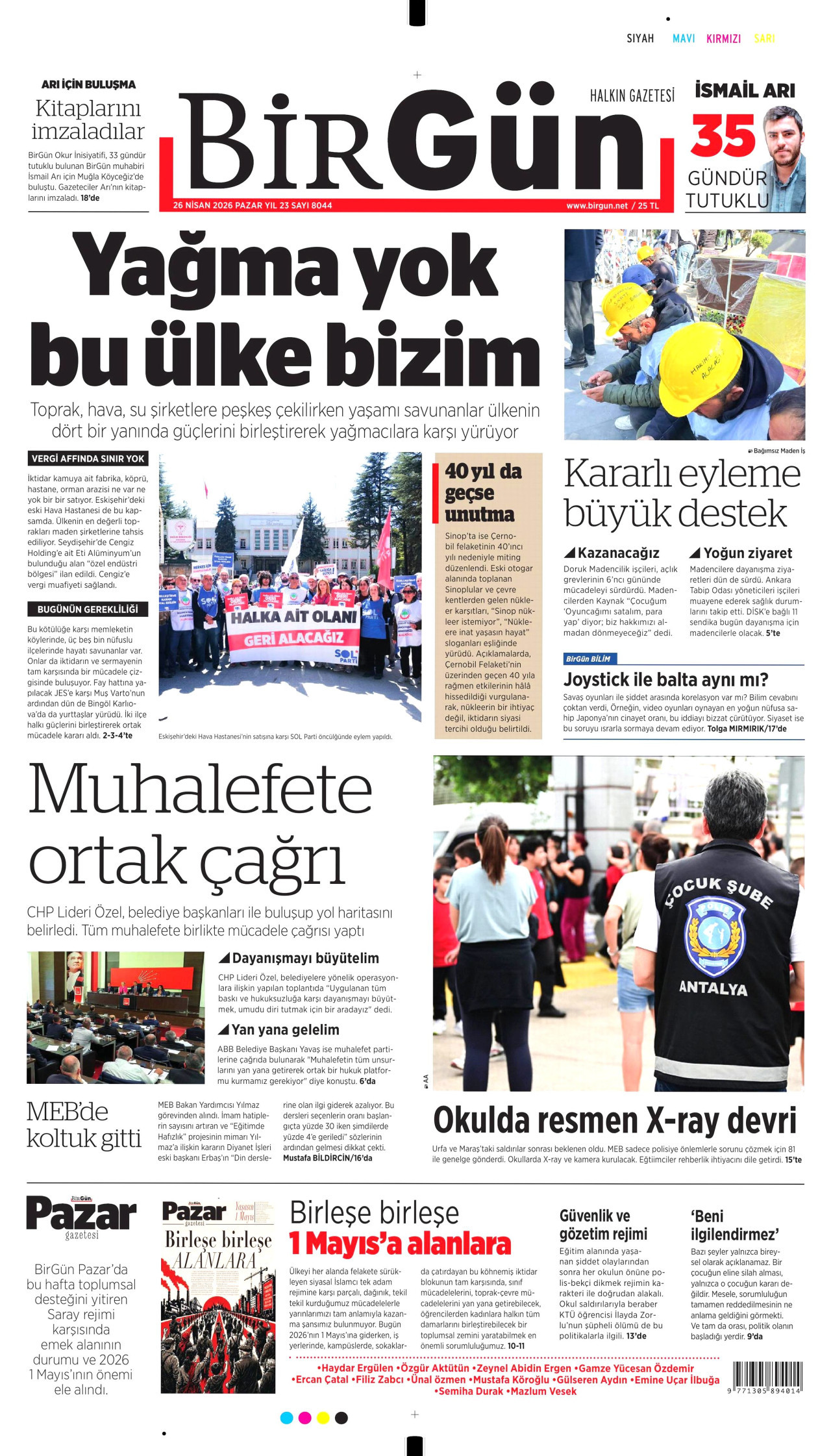 BİRGÜN gazetesinin 26 Nisan 2026 tarihli birinci sayfası