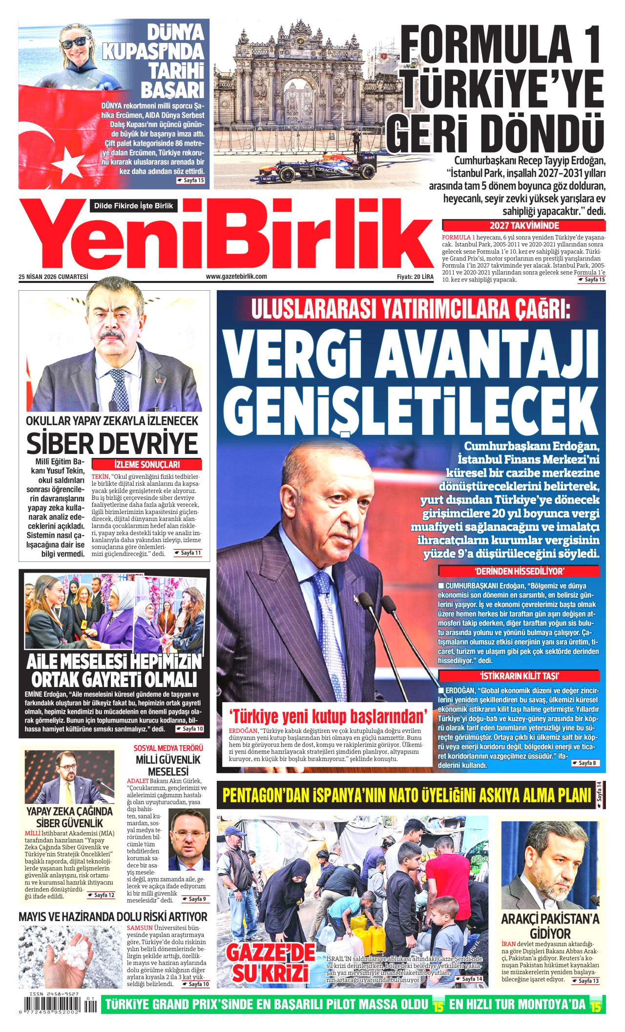 YENİBİRLİK gazetesinin 26 Nisan 2026 tarihli birinci sayfası
