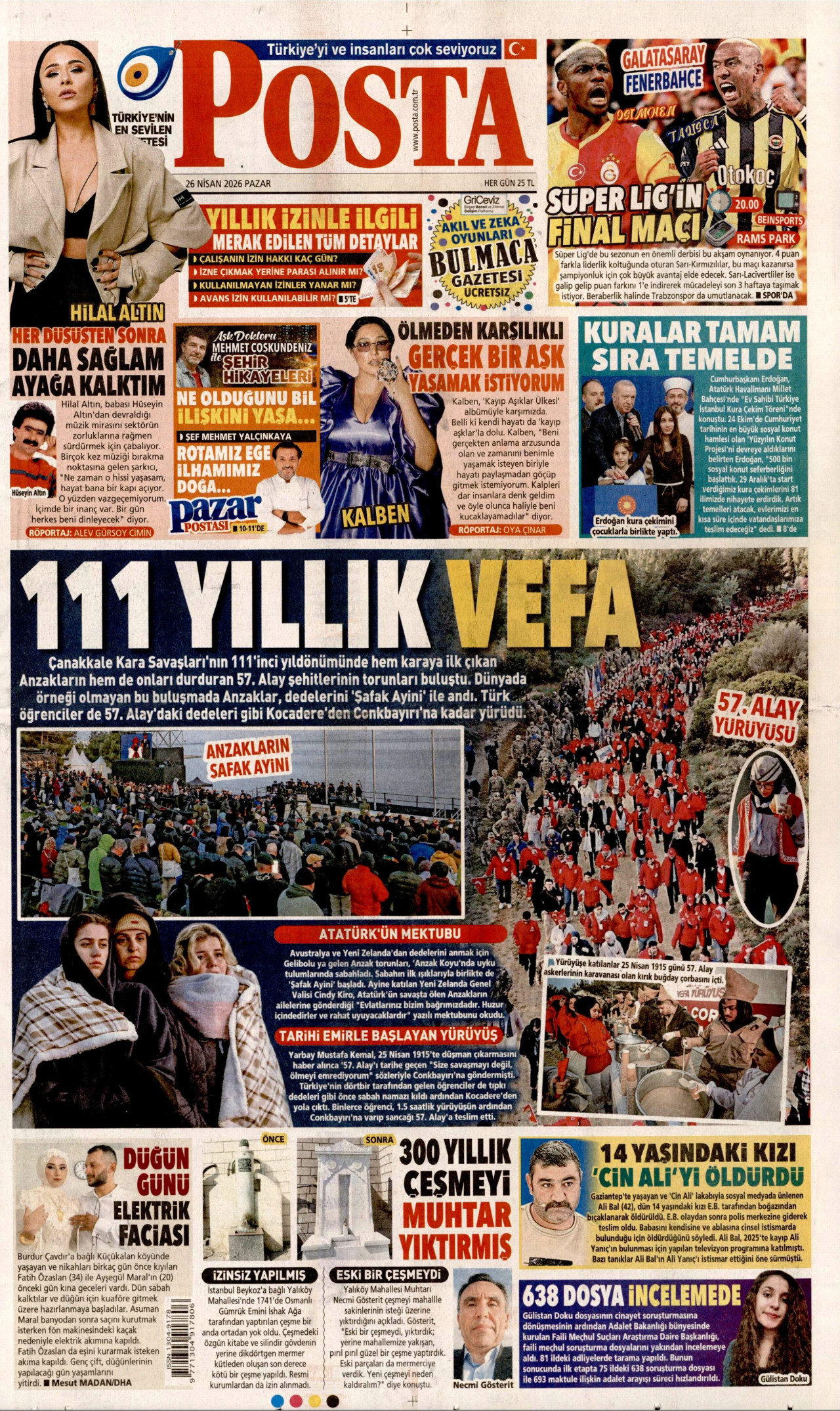 POSTA gazetesinin 26 Nisan 2026 tarihli birinci sayfası