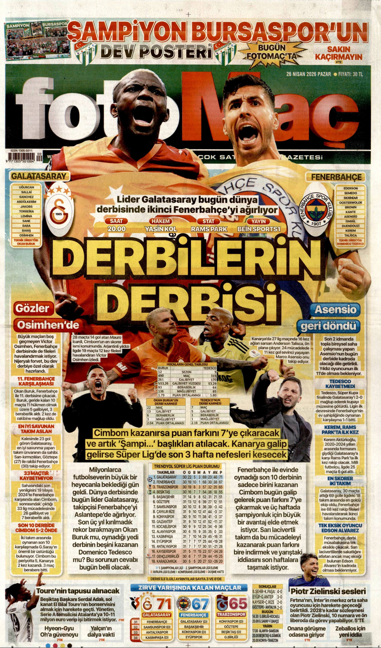 FOTOMAÇ gazetesinin 26 Nisan 2026 tarihli birinci sayfası