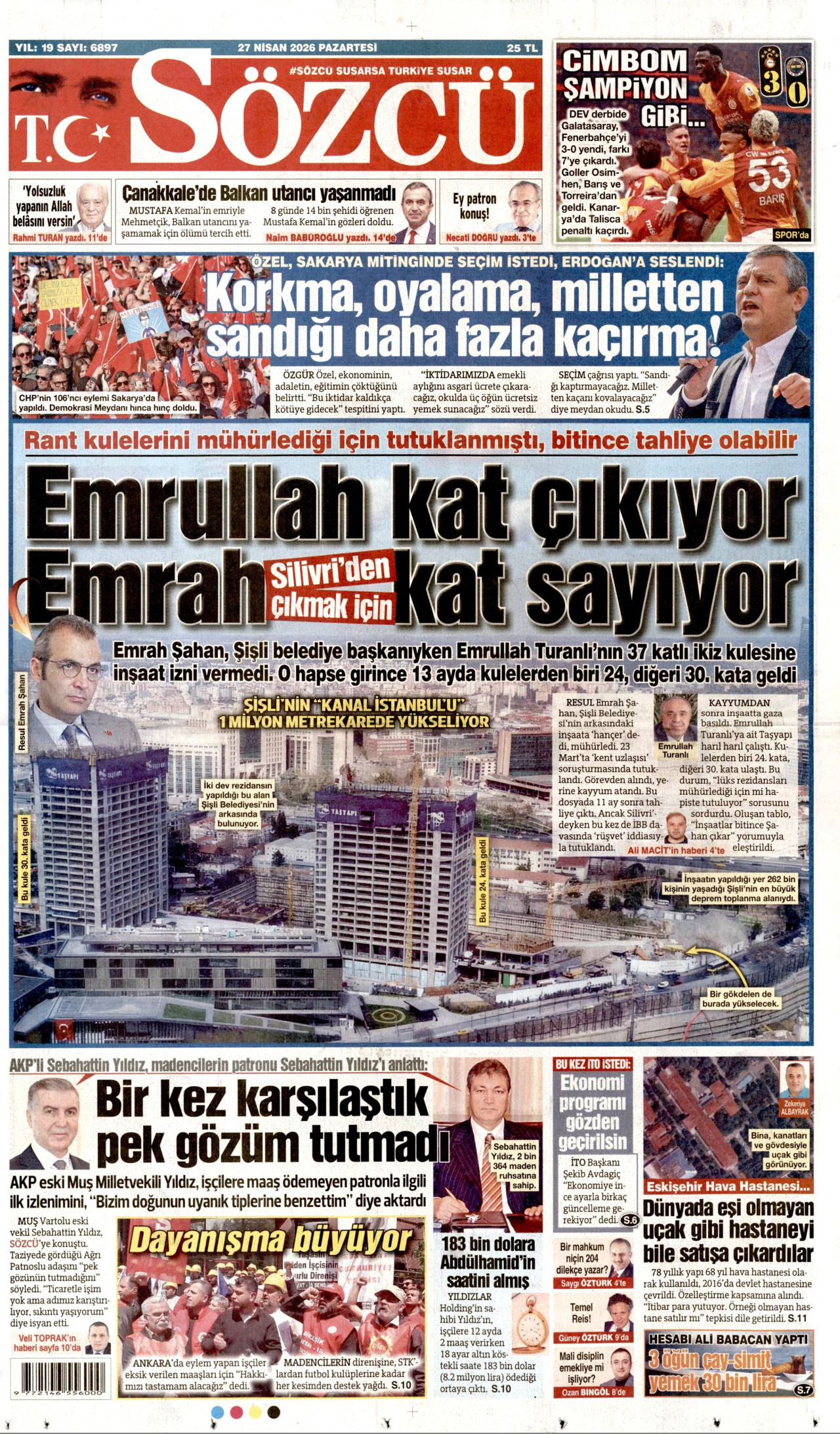 SÖZCÜ gazetesinin 27 Nisan 2026 tarihli birinci sayfası