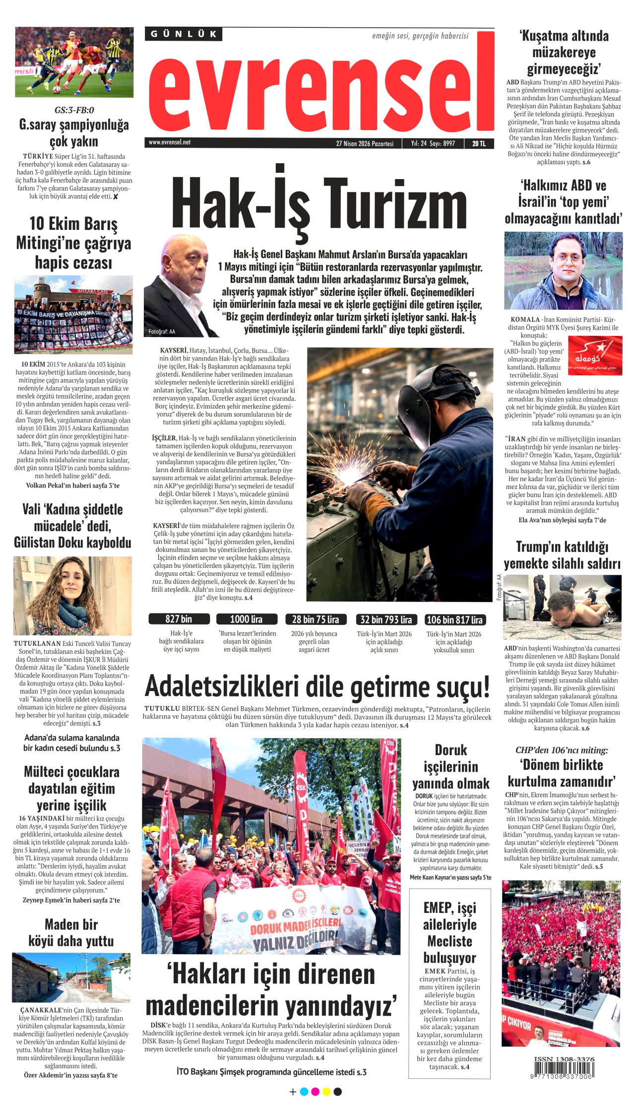 EVRENSEL gazetesinin 27 Nisan 2026 tarihli birinci sayfası