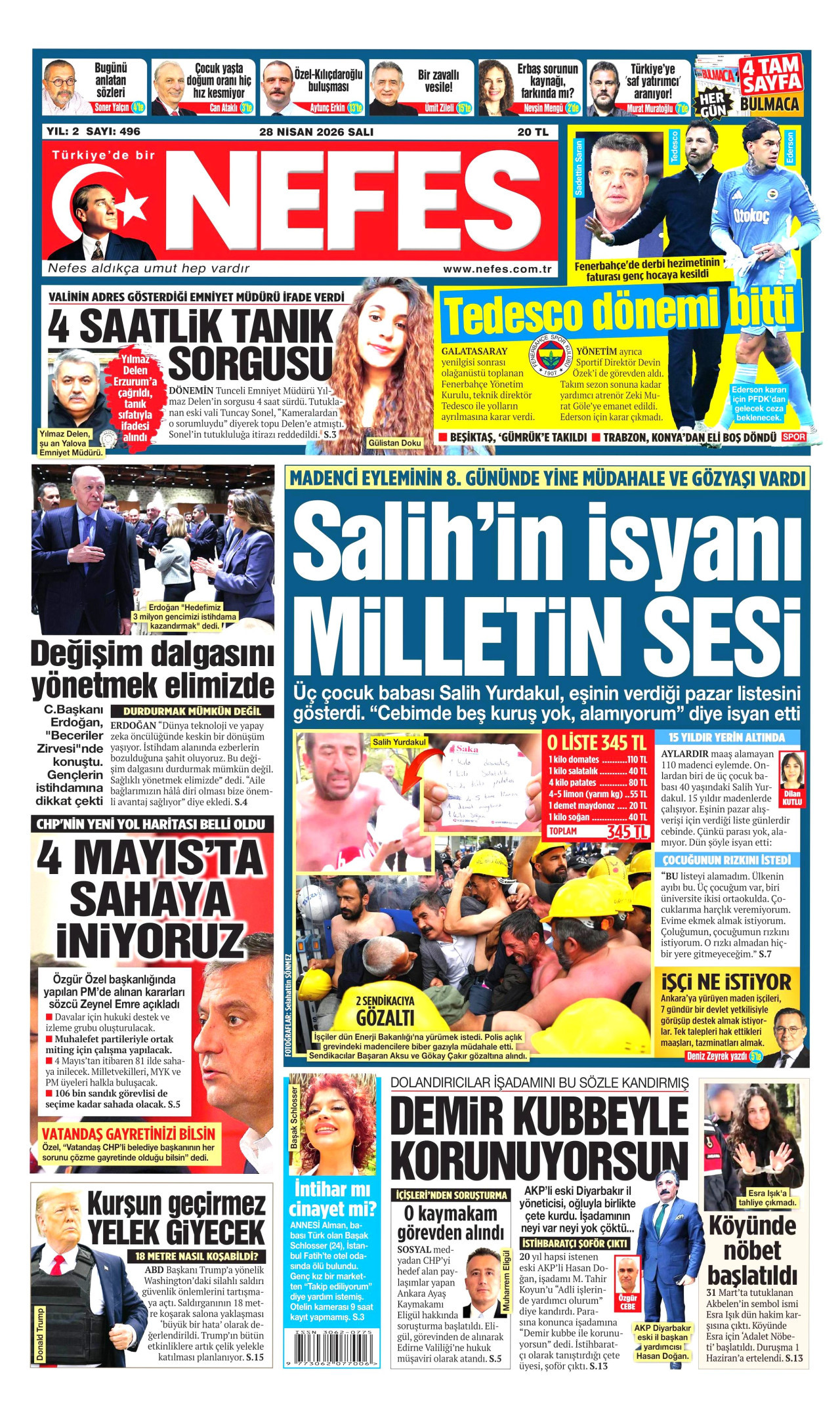 NEFES gazetesinin 28 Nisan 2026 tarihli birinci sayfası