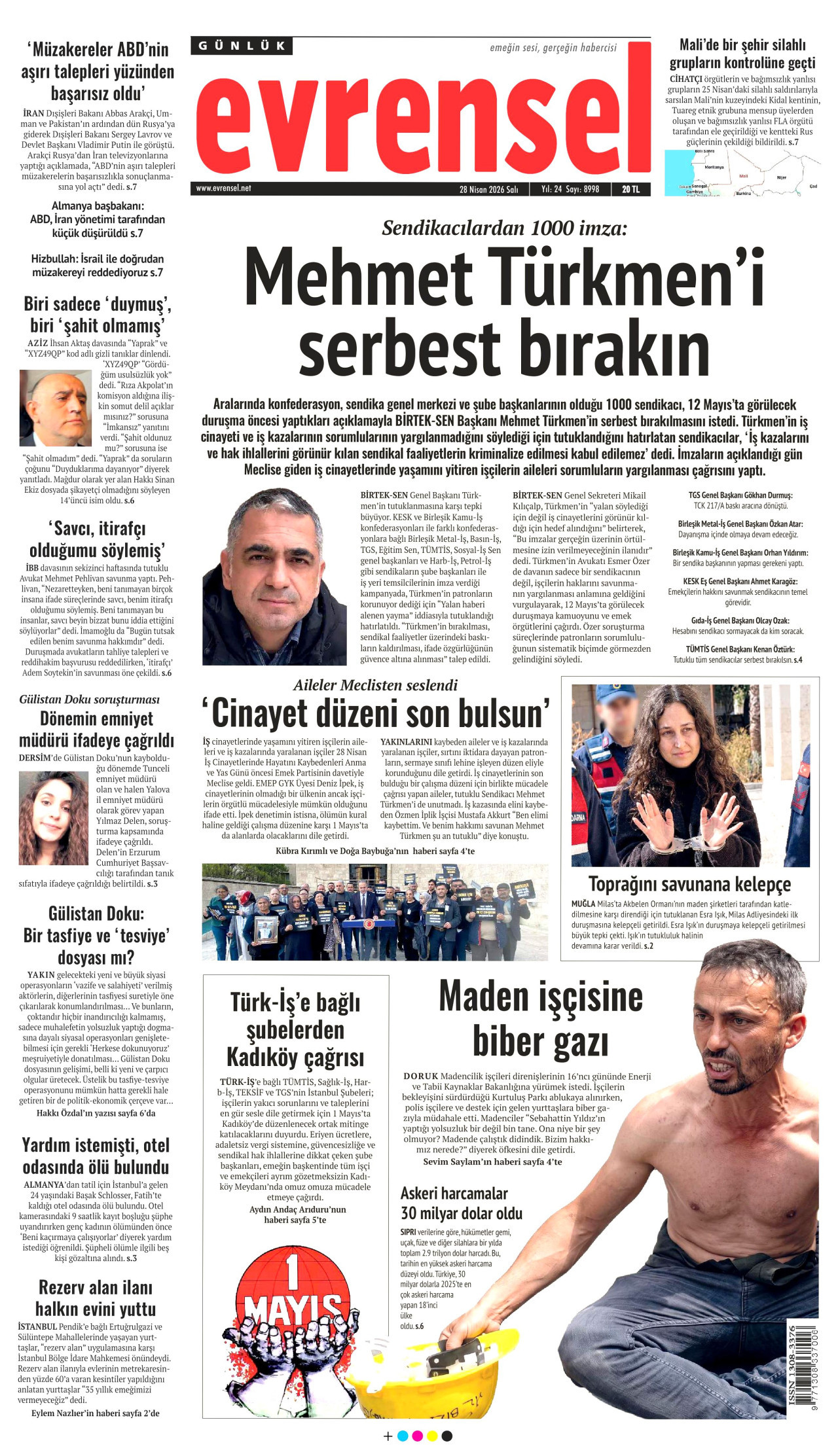 EVRENSEL gazetesinin 28 Nisan 2026 tarihli birinci sayfası