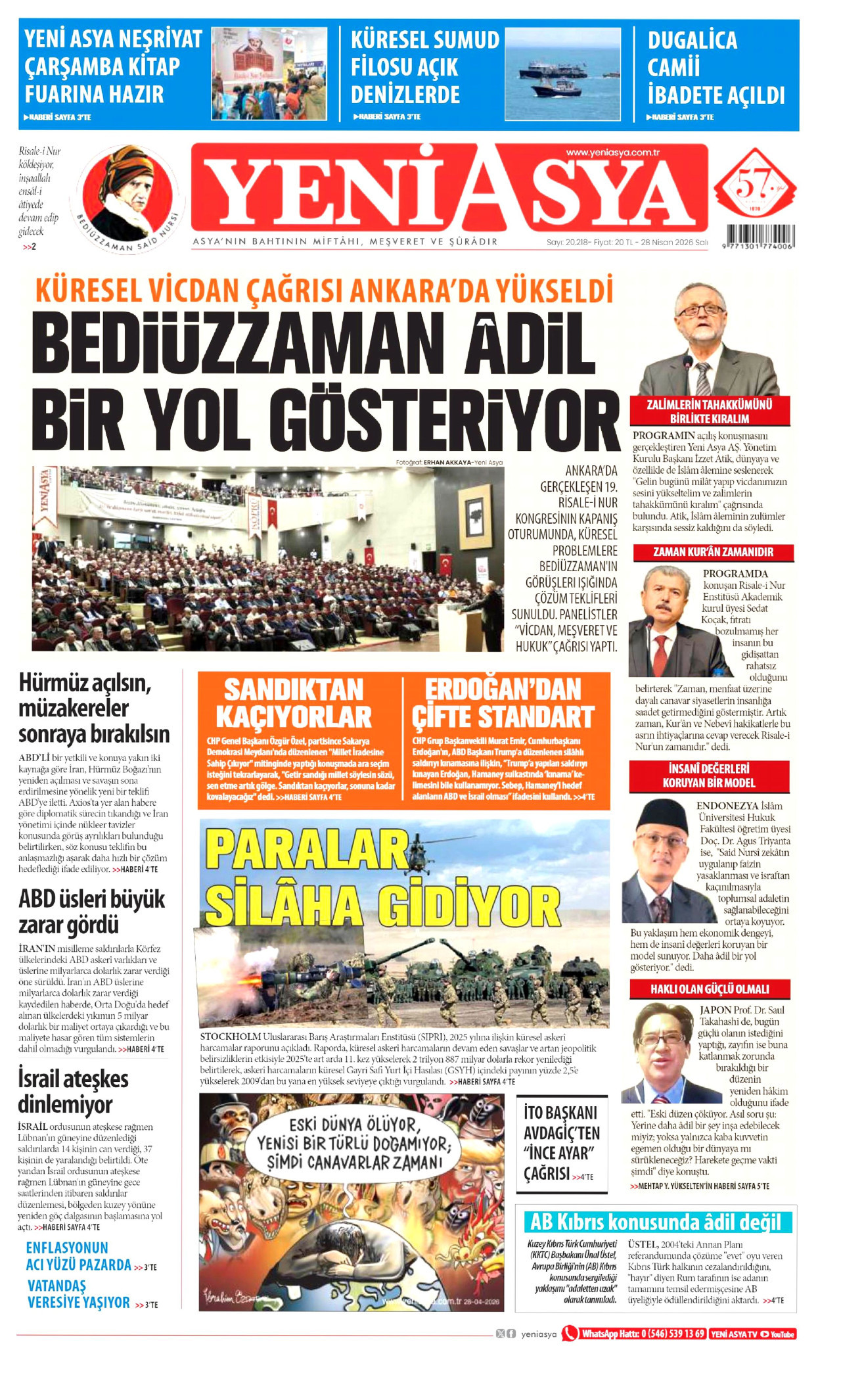 YENİ ASYA gazetesinin 28 Nisan 2026 tarihli birinci sayfası