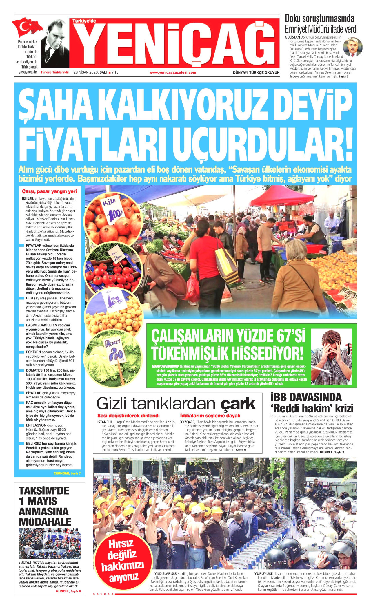 YENİÇAĞ gazetesinin 28 Nisan 2026 tarihli birinci sayfası