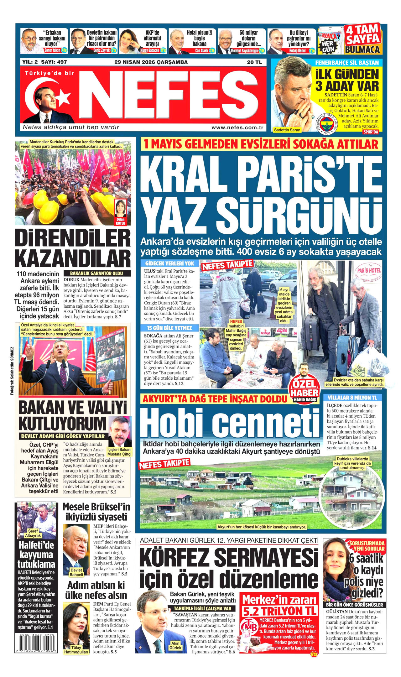NEFES gazetesinin 29 Nisan 2026 tarihli birinci sayfası