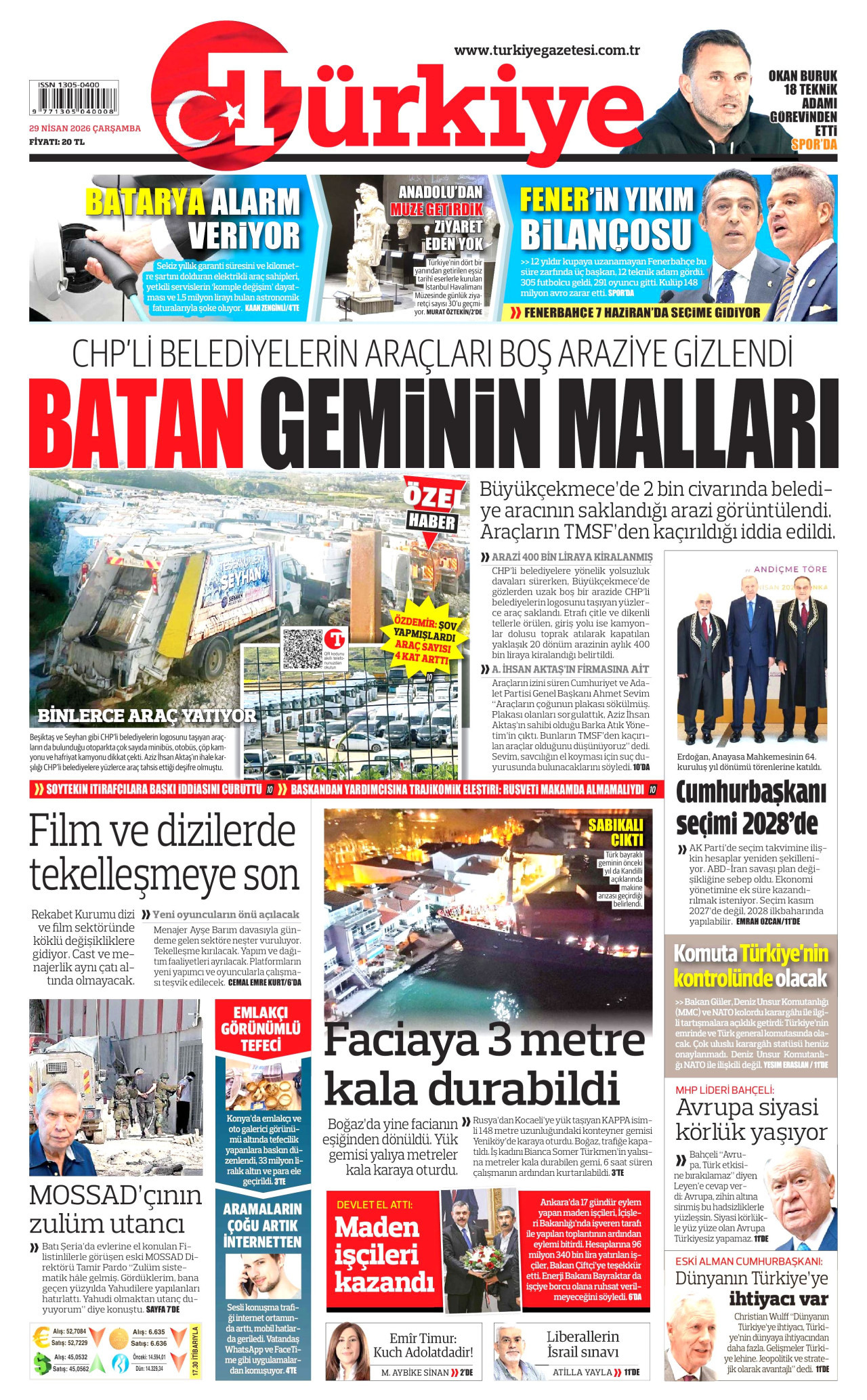 TÜRKİYE GAZETESİ gazetesinin 29 Nisan 2026 tarihli birinci sayfası