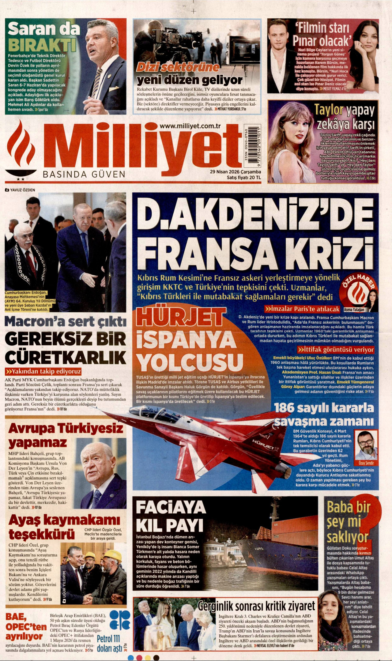 MİLLİYET gazetesinin 29 Nisan 2026 tarihli birinci sayfası