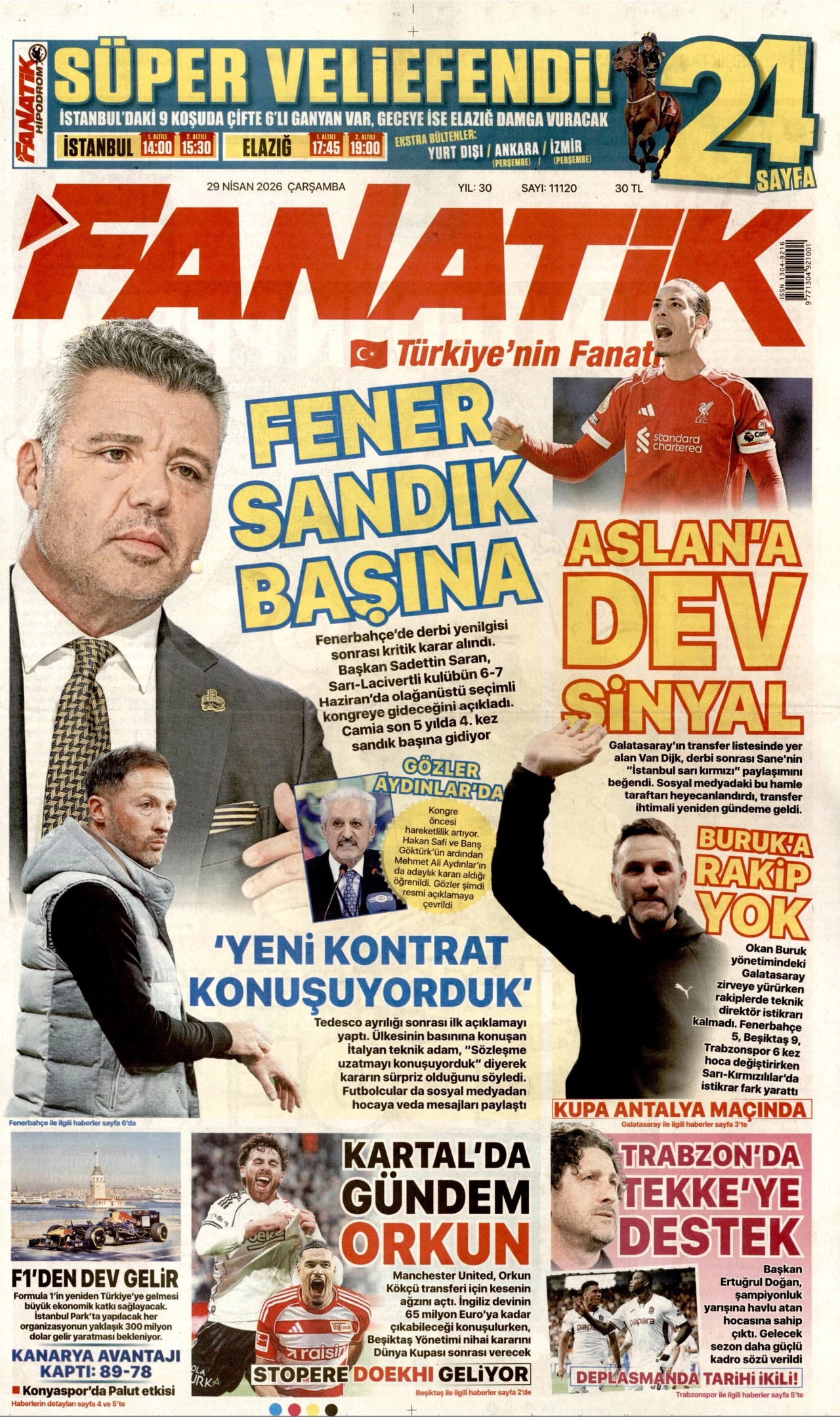 FANATİK gazetesinin 29 Nisan 2026 tarihli birinci sayfası
