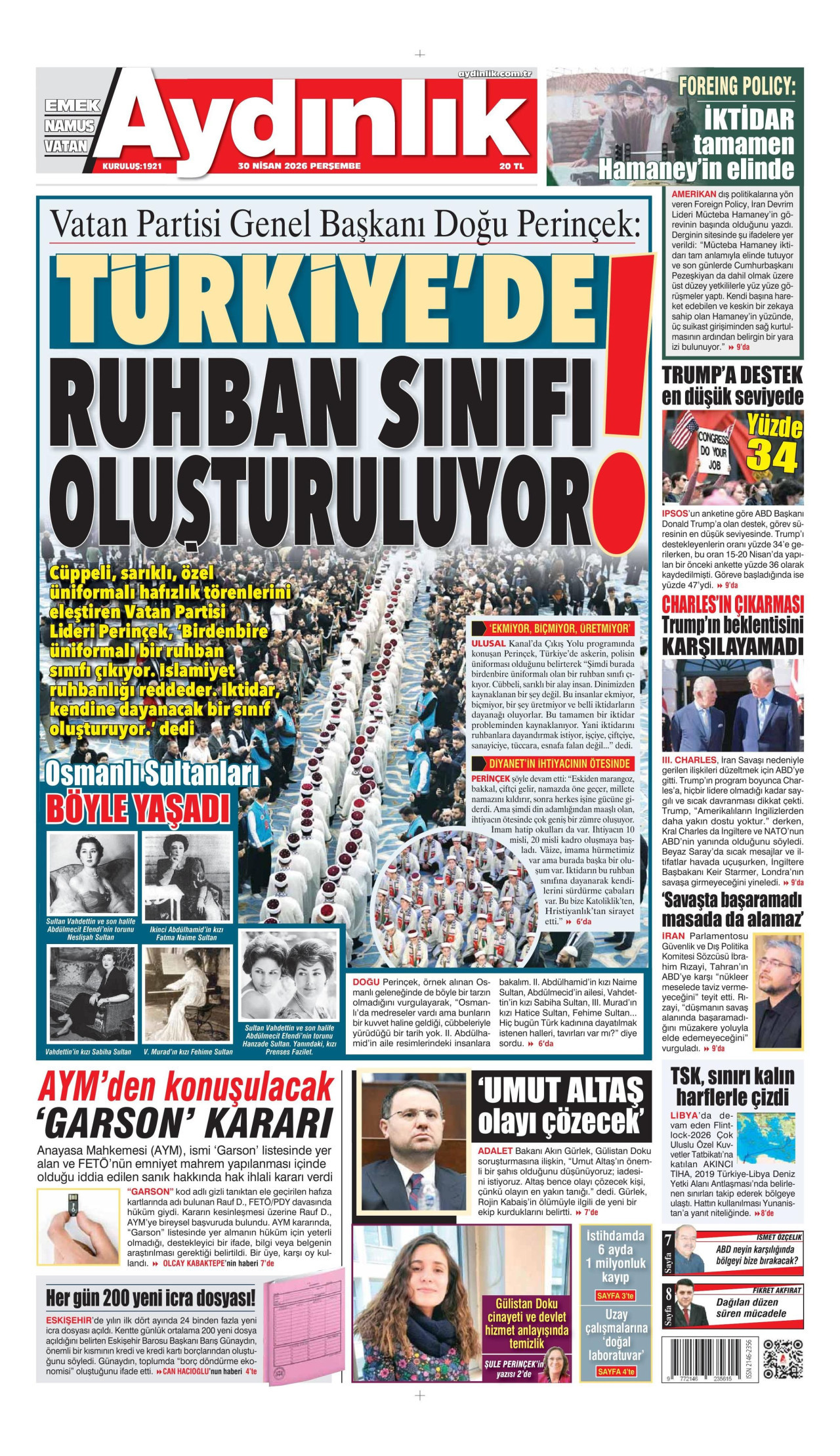 AYDINLIK GAZETESİ gazetesinin 30 Nisan 2026 tarihli birinci sayfası