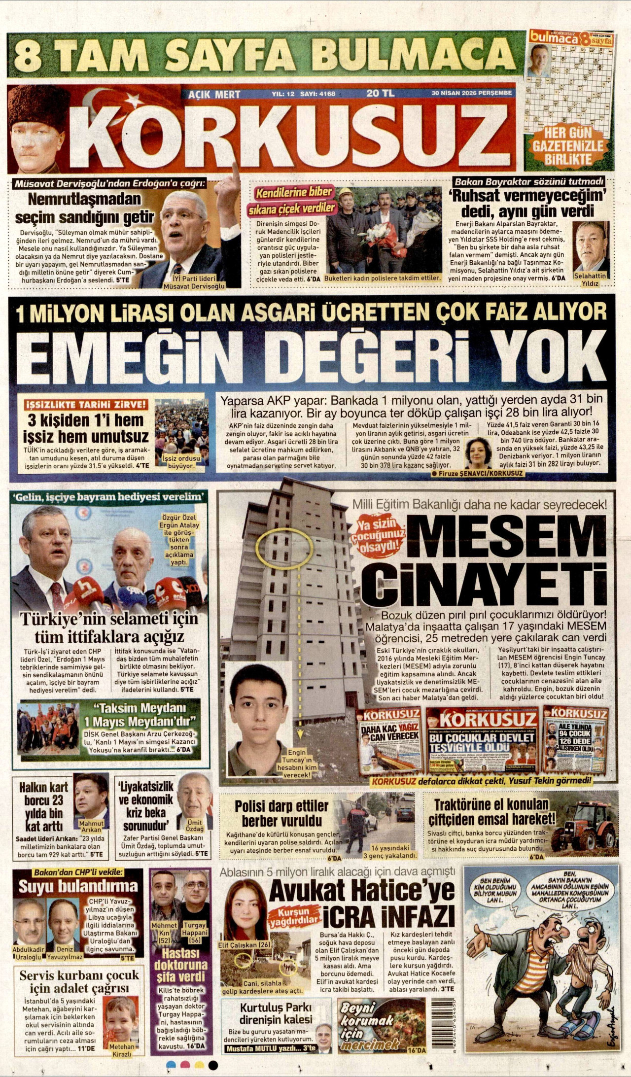 KORKUSUZ gazetesinin 30 Nisan 2026 tarihli birinci sayfası