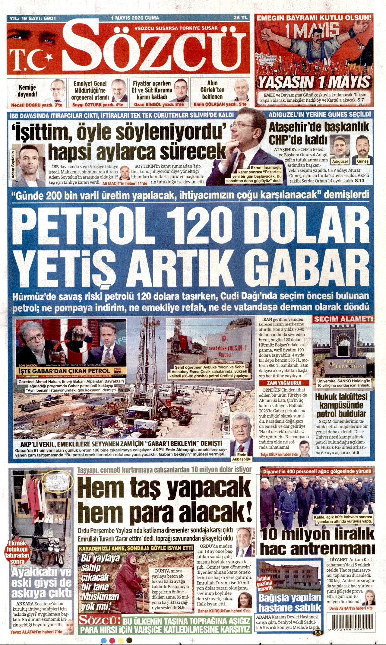 SÖZCÜ gazetesinin 1 Mayıs 2026 tarihli birinci sayfası