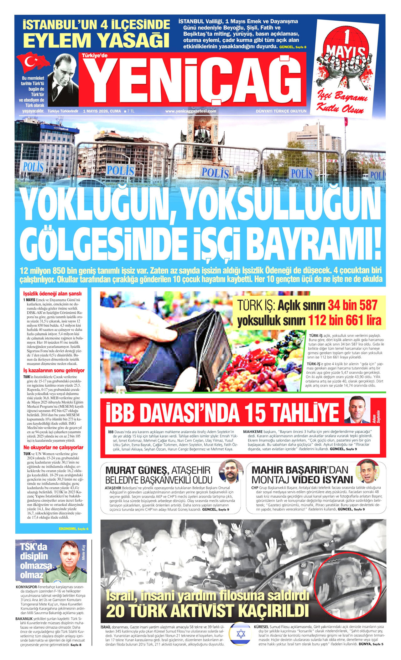 YENİÇAĞ gazetesinin 1 Mayıs 2026 tarihli birinci sayfası