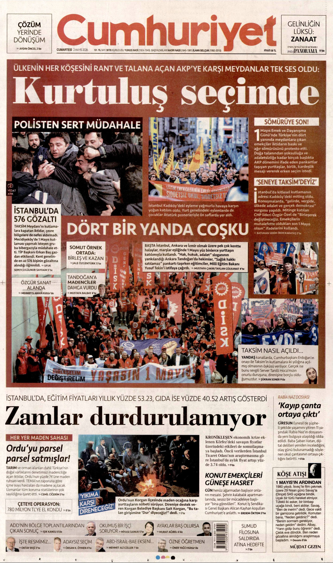 CUMHURİYET gazetesinin 2 Mayıs 2026 tarihli birinci sayfası