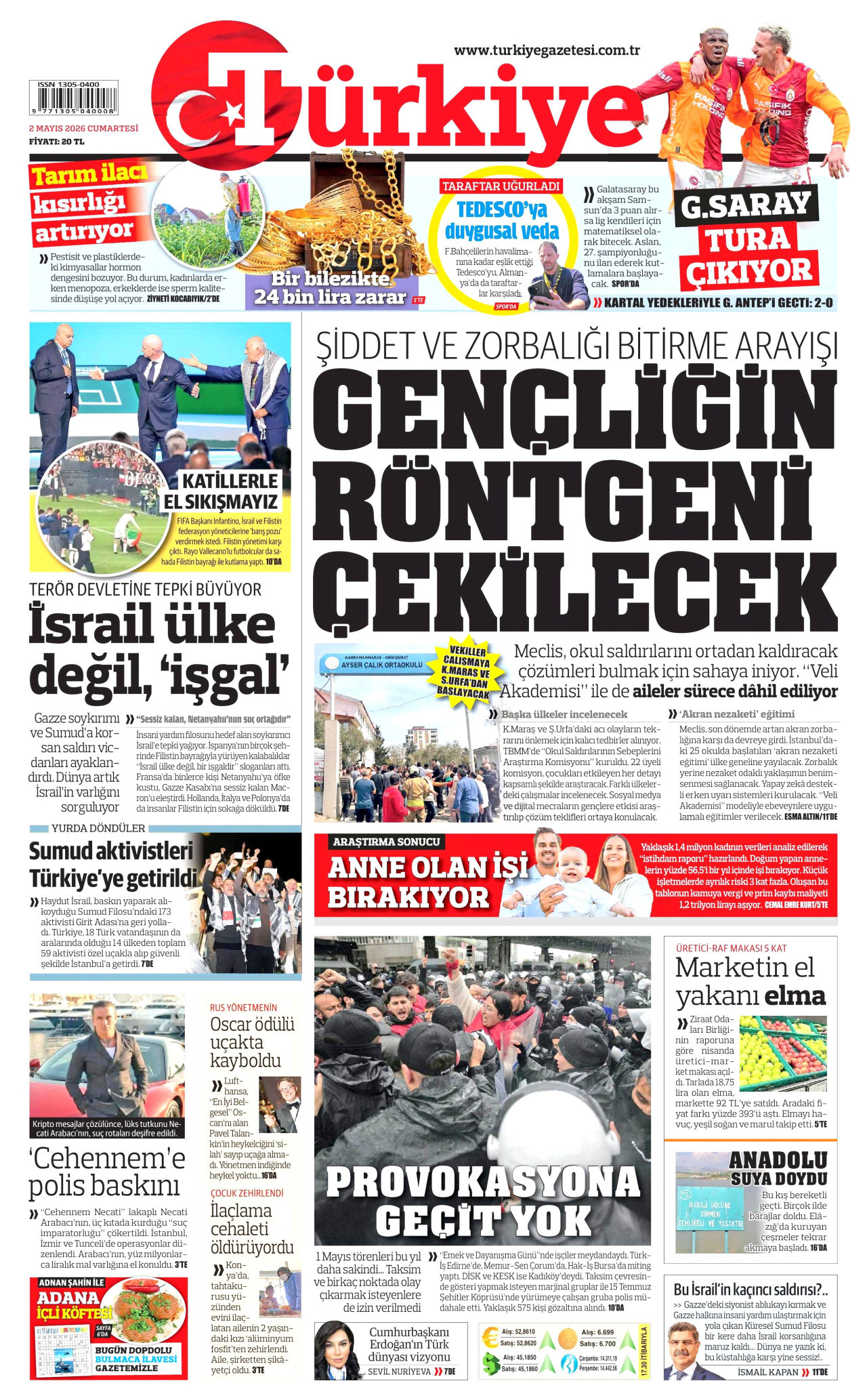 TÜRKİYE GAZETESİ gazetesinin 2 Mayıs 2026 tarihli birinci sayfası