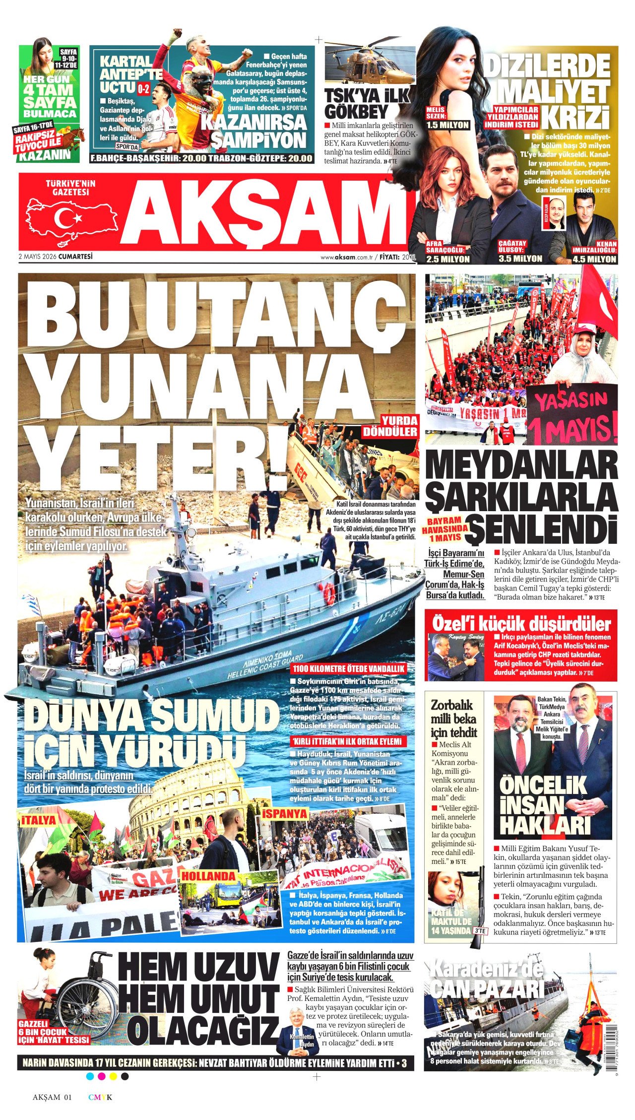 AKŞAM gazetesinin 2 Mayıs 2026 tarihli birinci sayfası