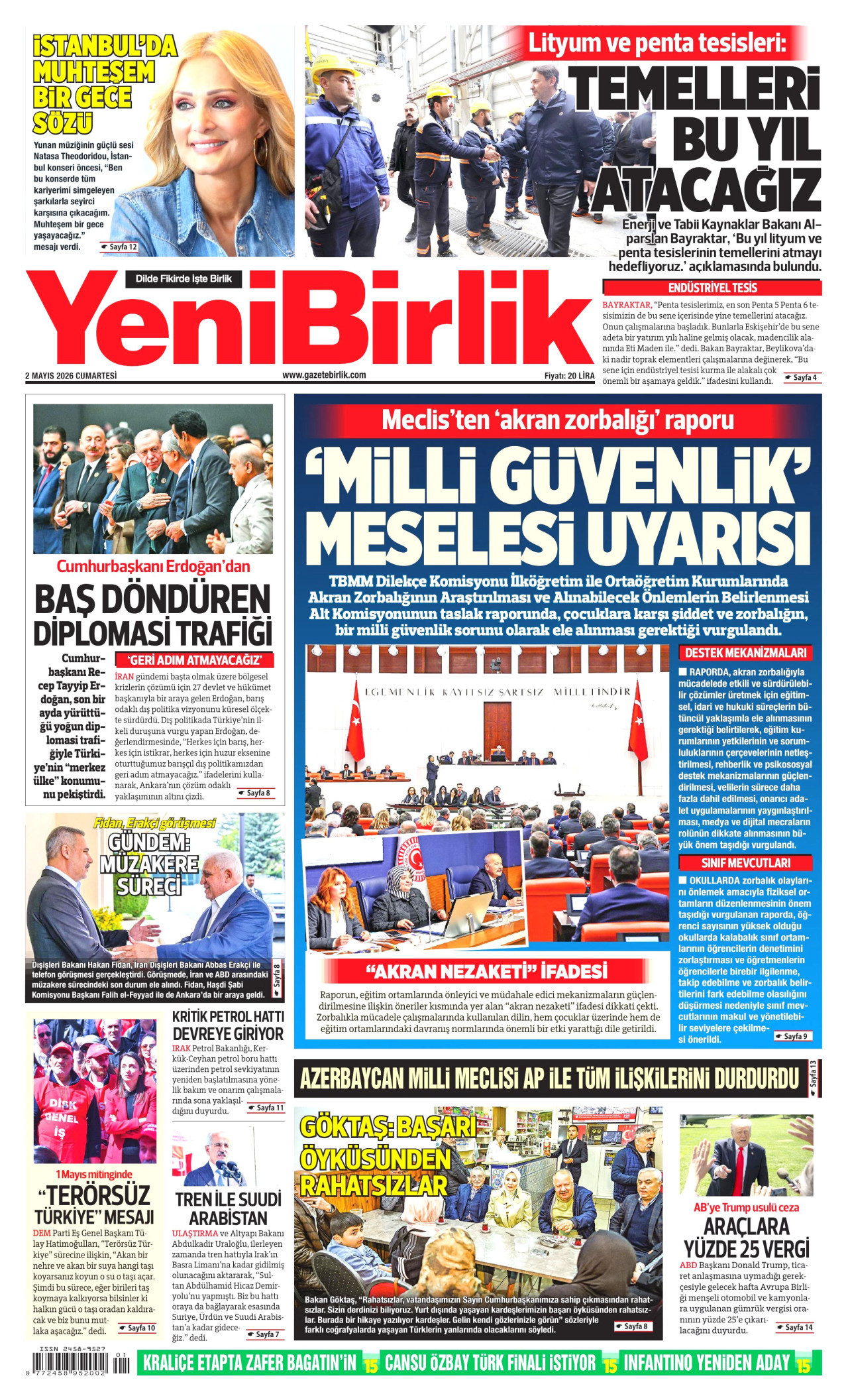 YENİBİRLİK gazetesinin 2 Mayıs 2026 tarihli birinci sayfası