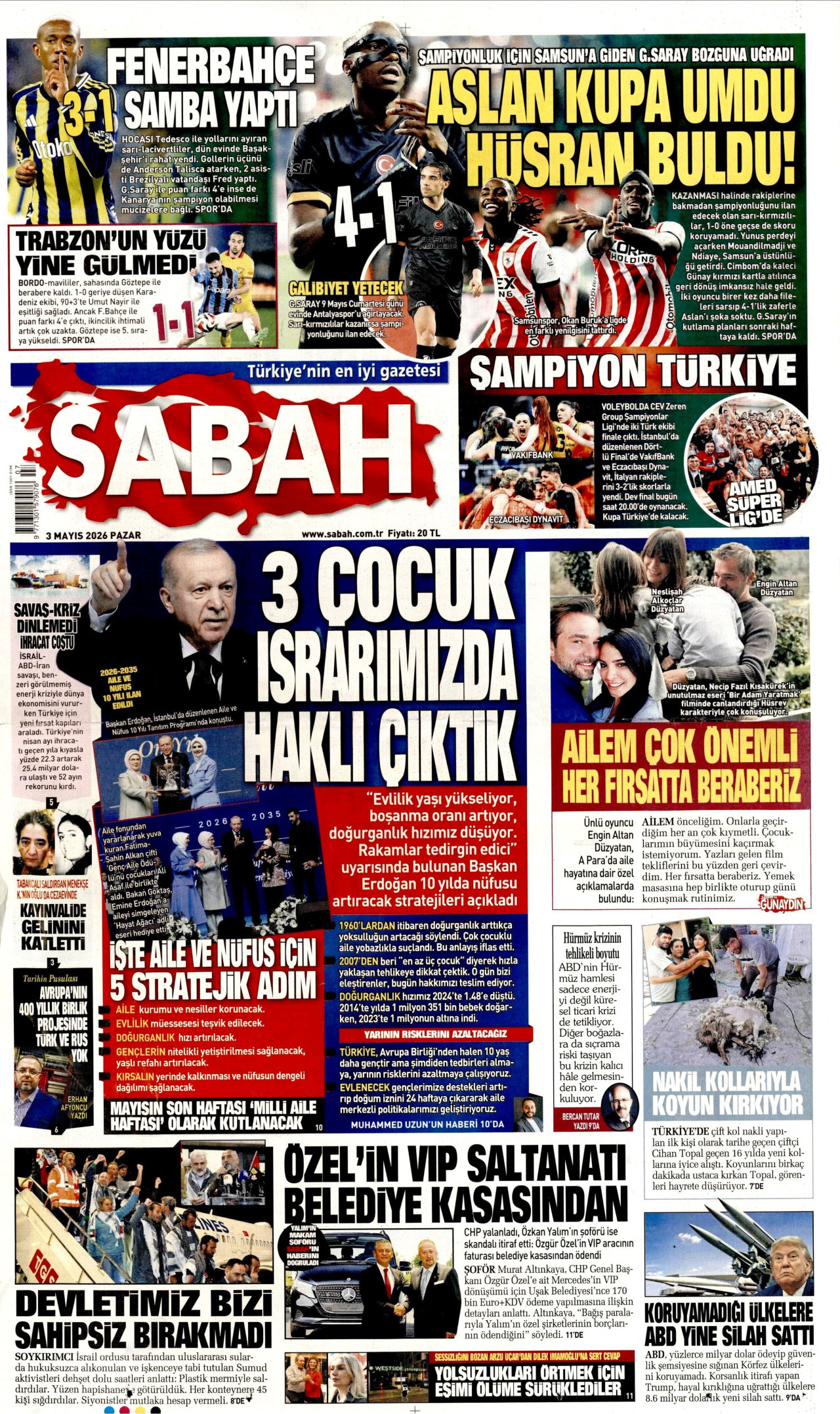 SABAH gazetesinin 3 Mayıs 2026 tarihli birinci sayfası