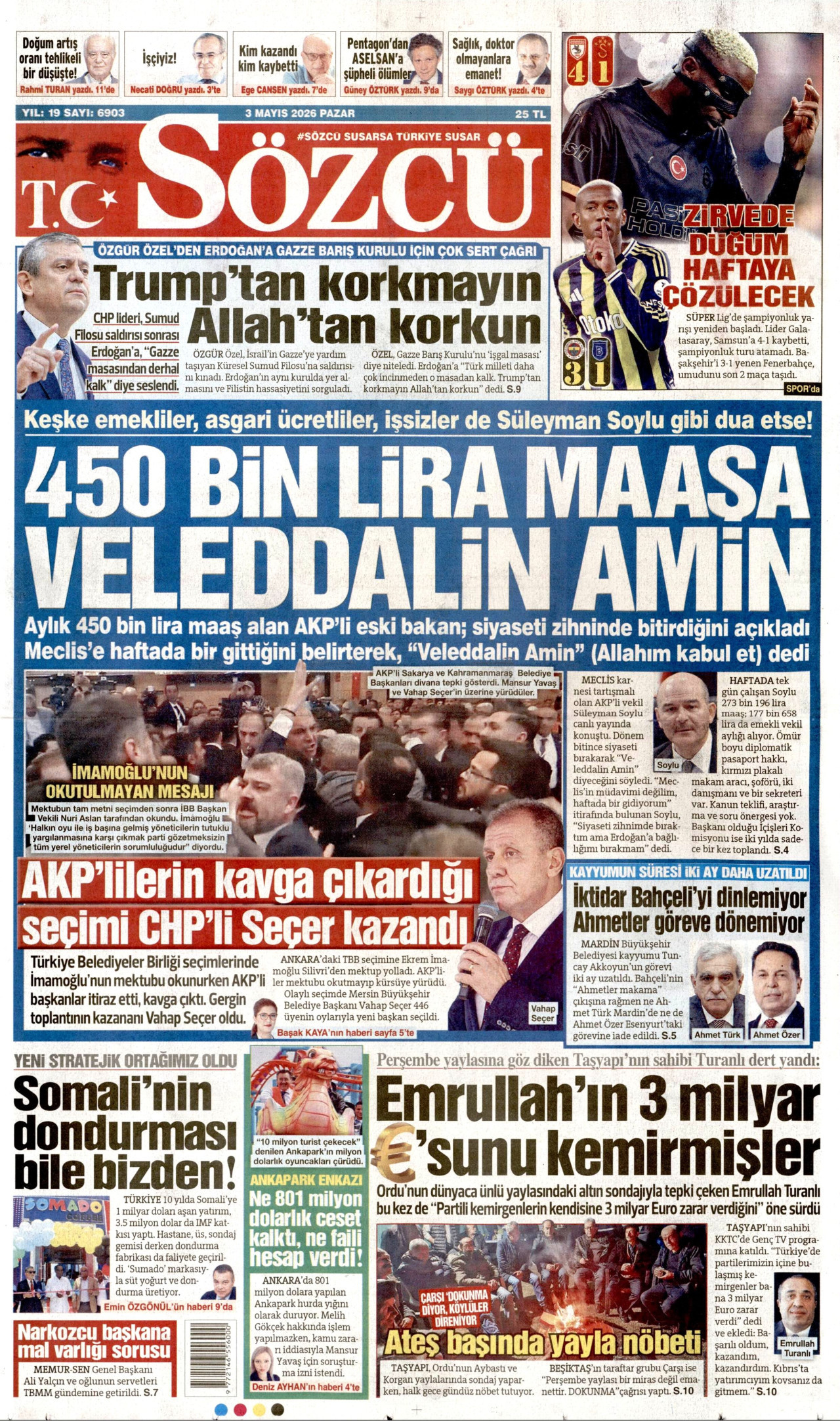 SÖZCÜ gazetesinin 3 Mayıs 2026 tarihli birinci sayfası