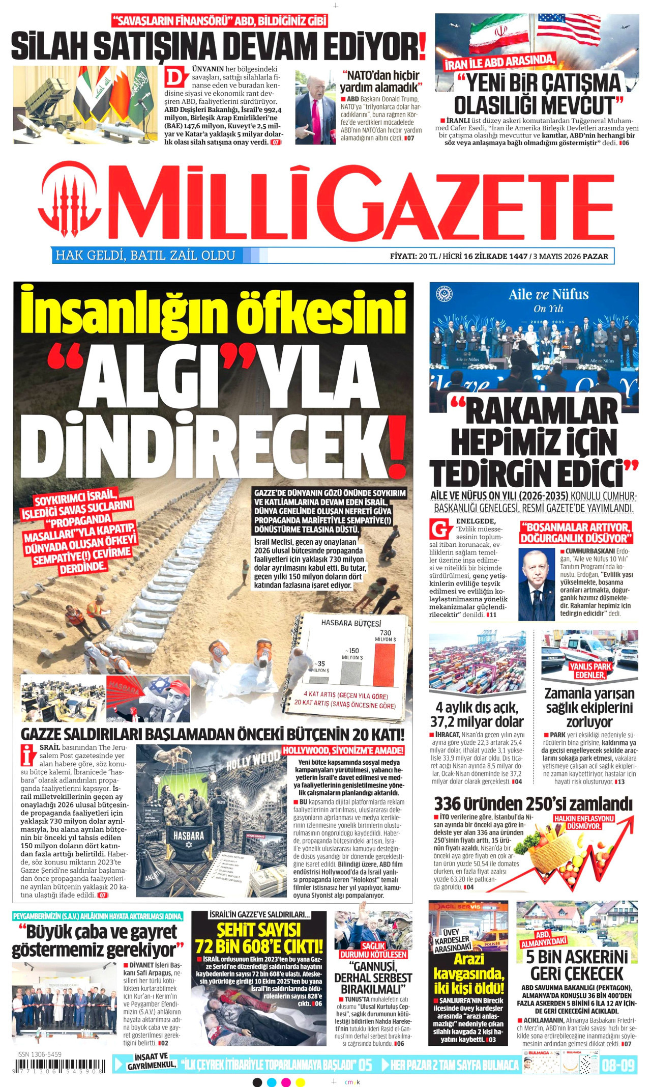 MİLLİ GAZETE gazetesinin 3 Mayıs 2026 tarihli birinci sayfası