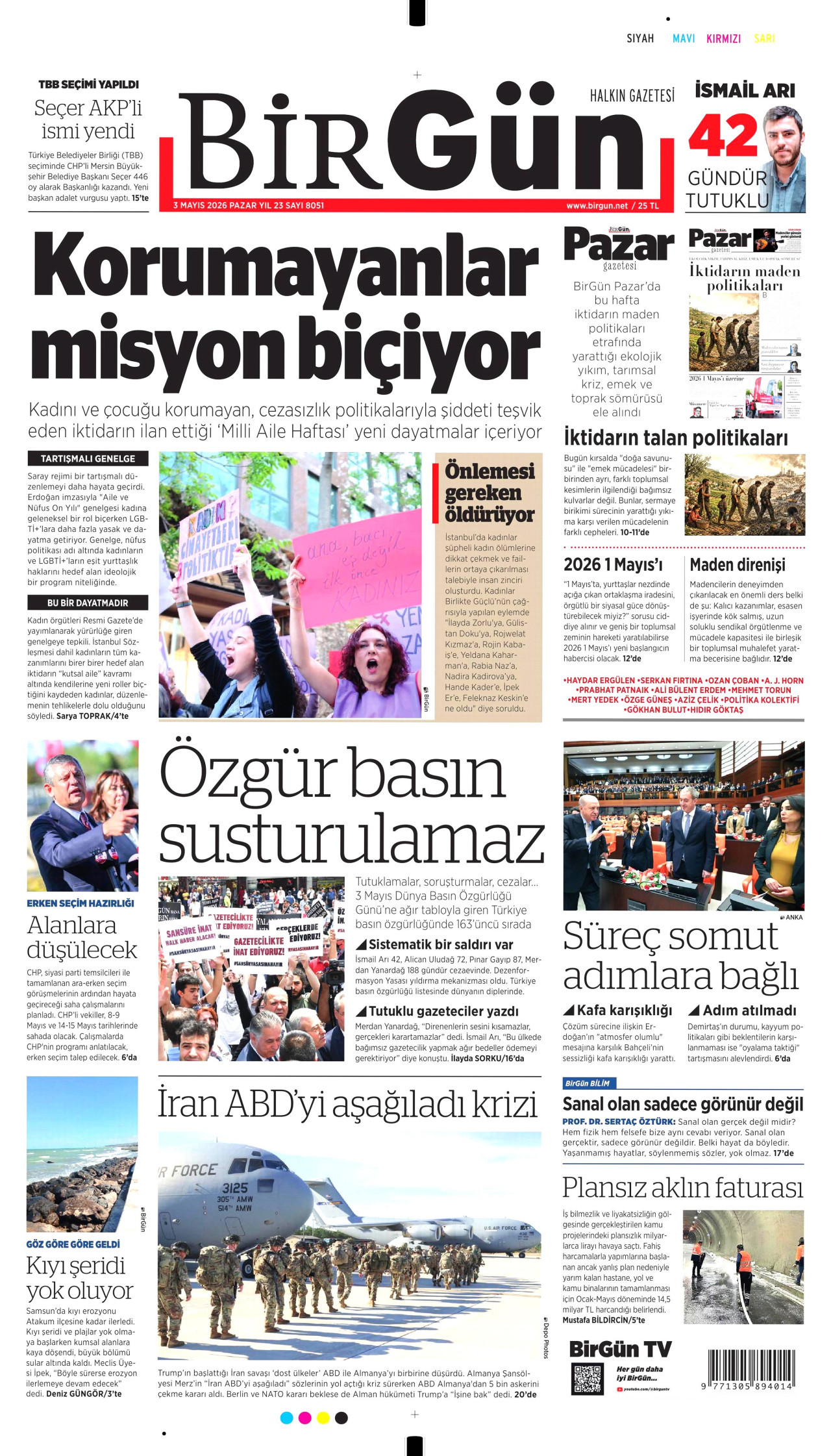 BİRGÜN gazetesinin 3 Mayıs 2026 tarihli birinci sayfası