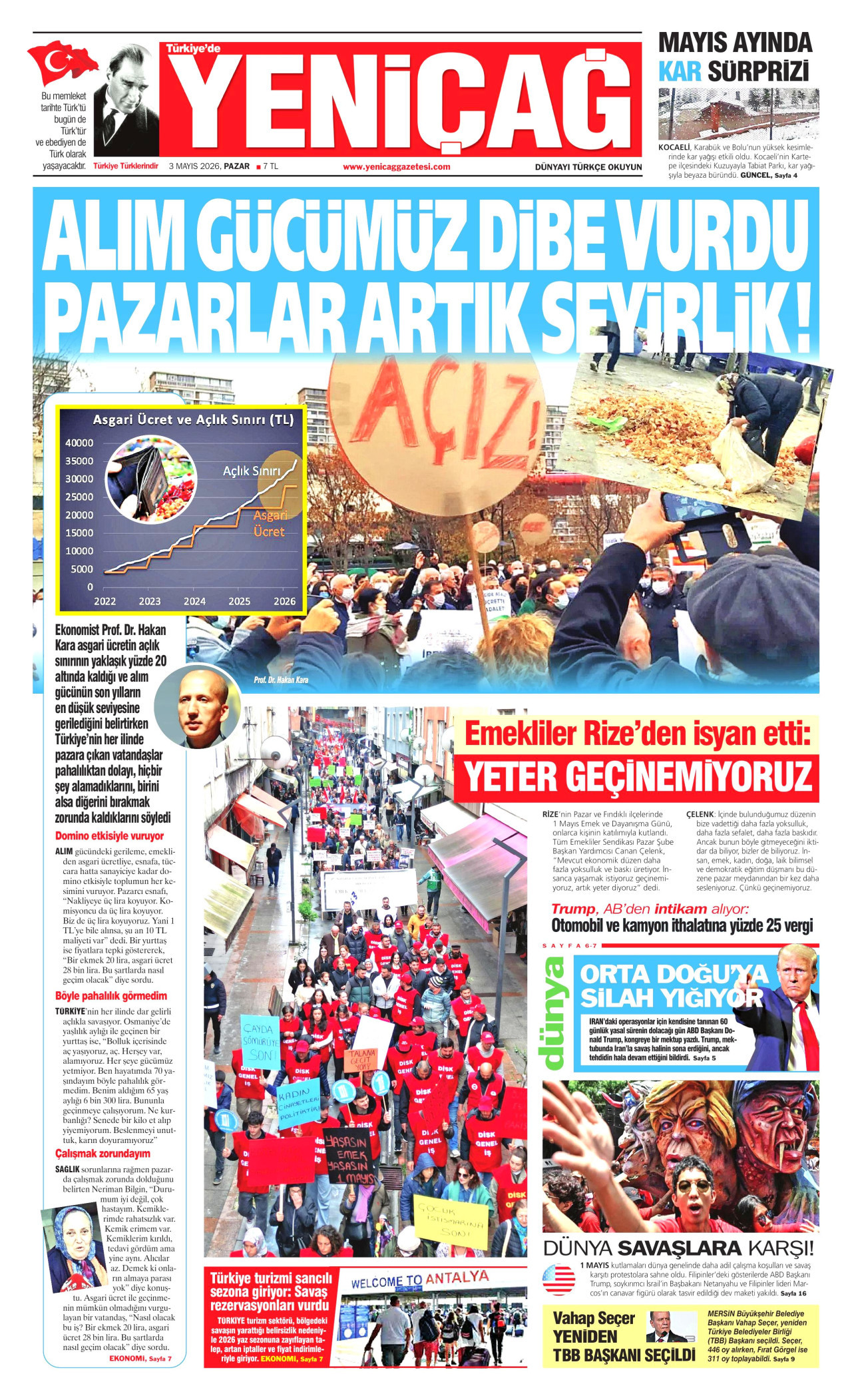 YENİÇAĞ gazetesinin 3 Mayıs 2026 tarihli birinci sayfası