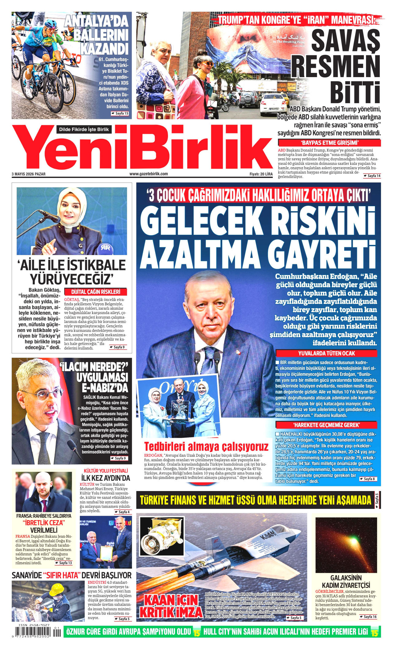 YENİBİRLİK gazetesinin 3 Mayıs 2026 tarihli birinci sayfası